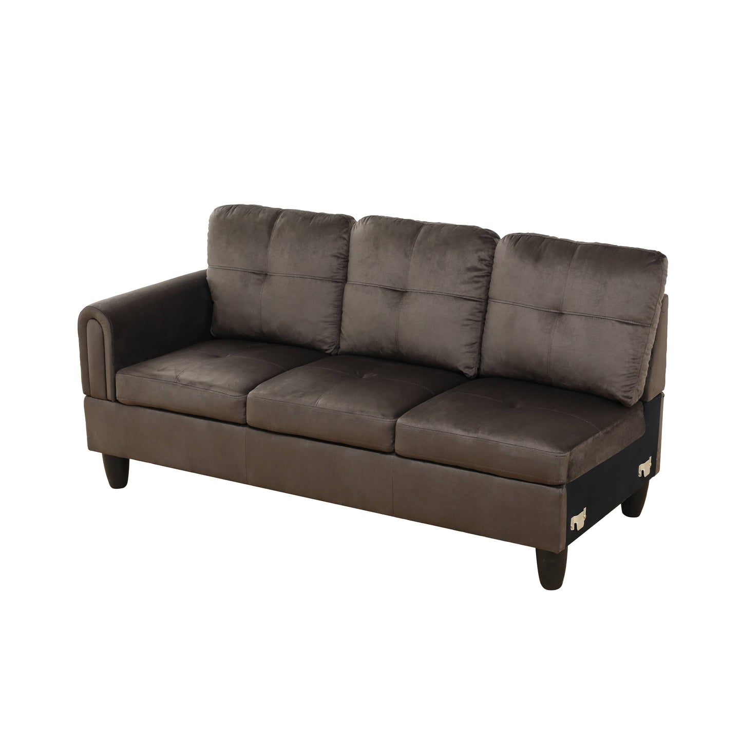 Dark gray fabric sofa with tufted cushions and curved armrest