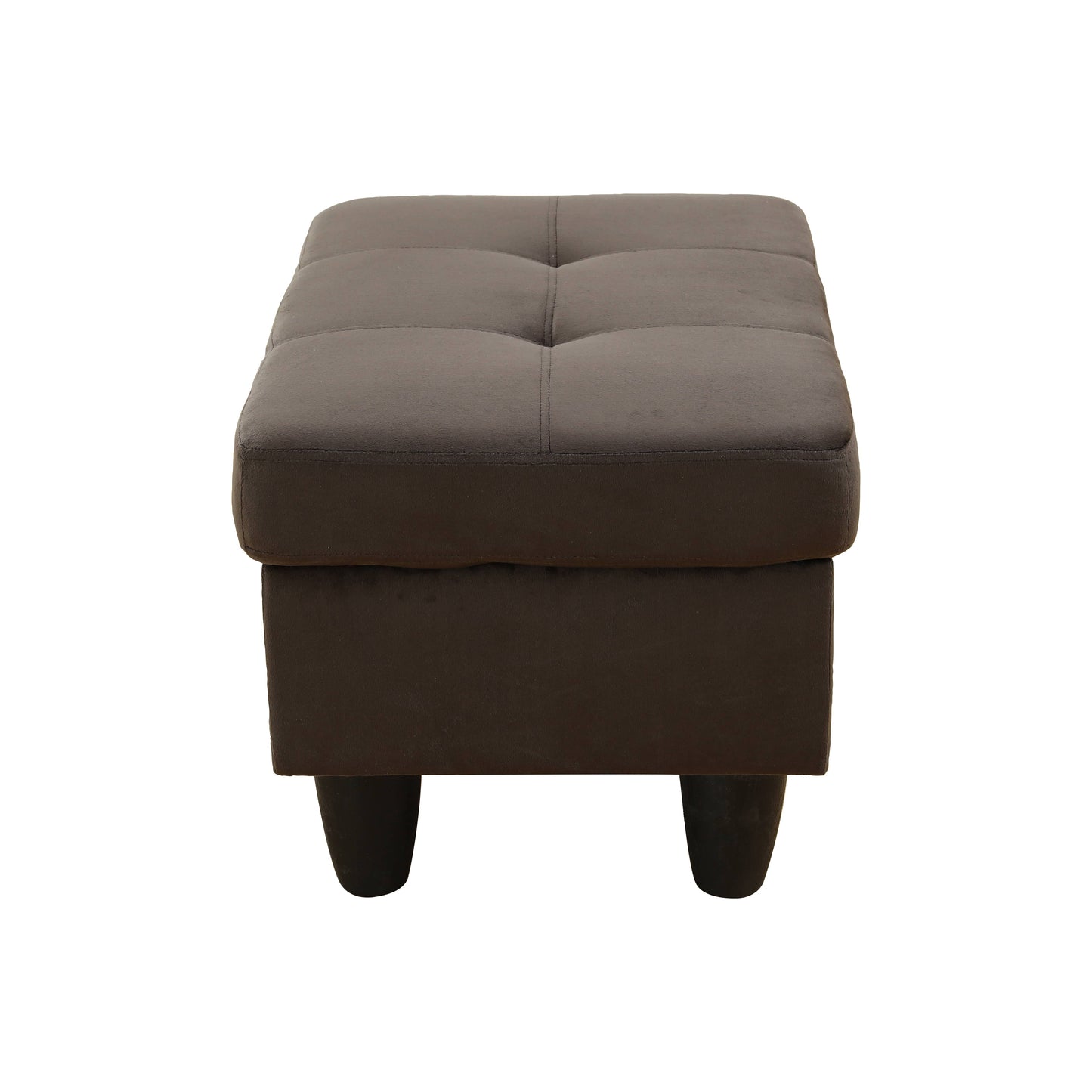 Dark gray upholstered storage ottoman with tufted top and short tapered legs