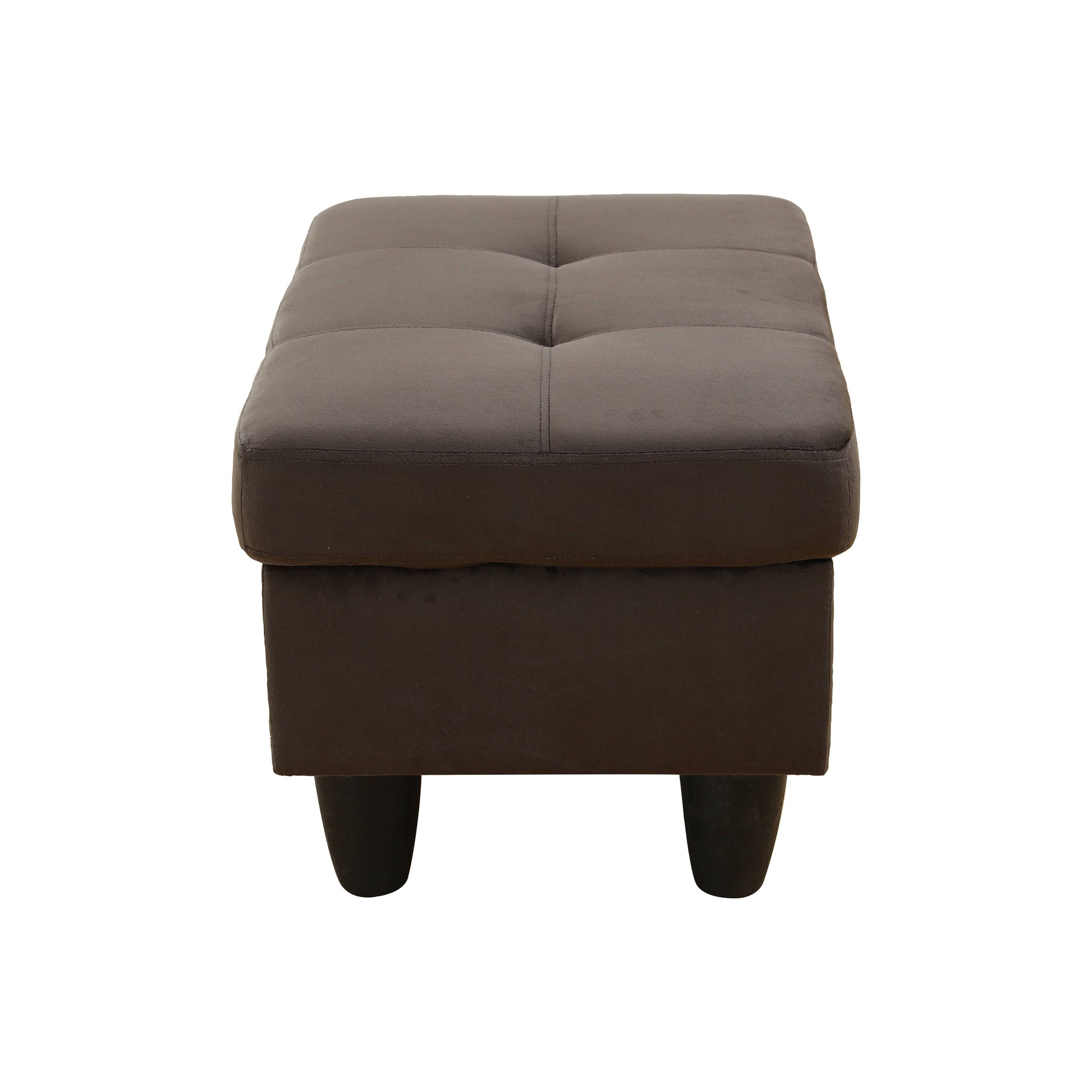 Dark gray upholstered storage ottoman with tufted top and short tapered legs