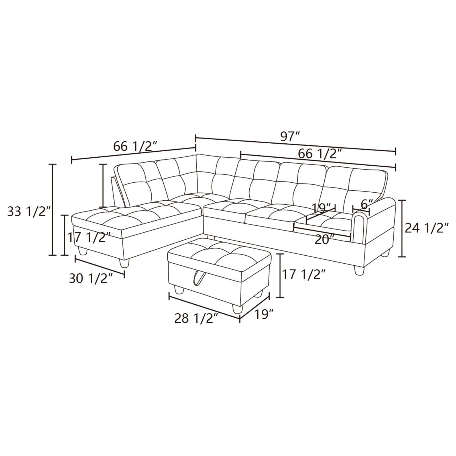 Diagram of a tufted sectional sofa with dimensions