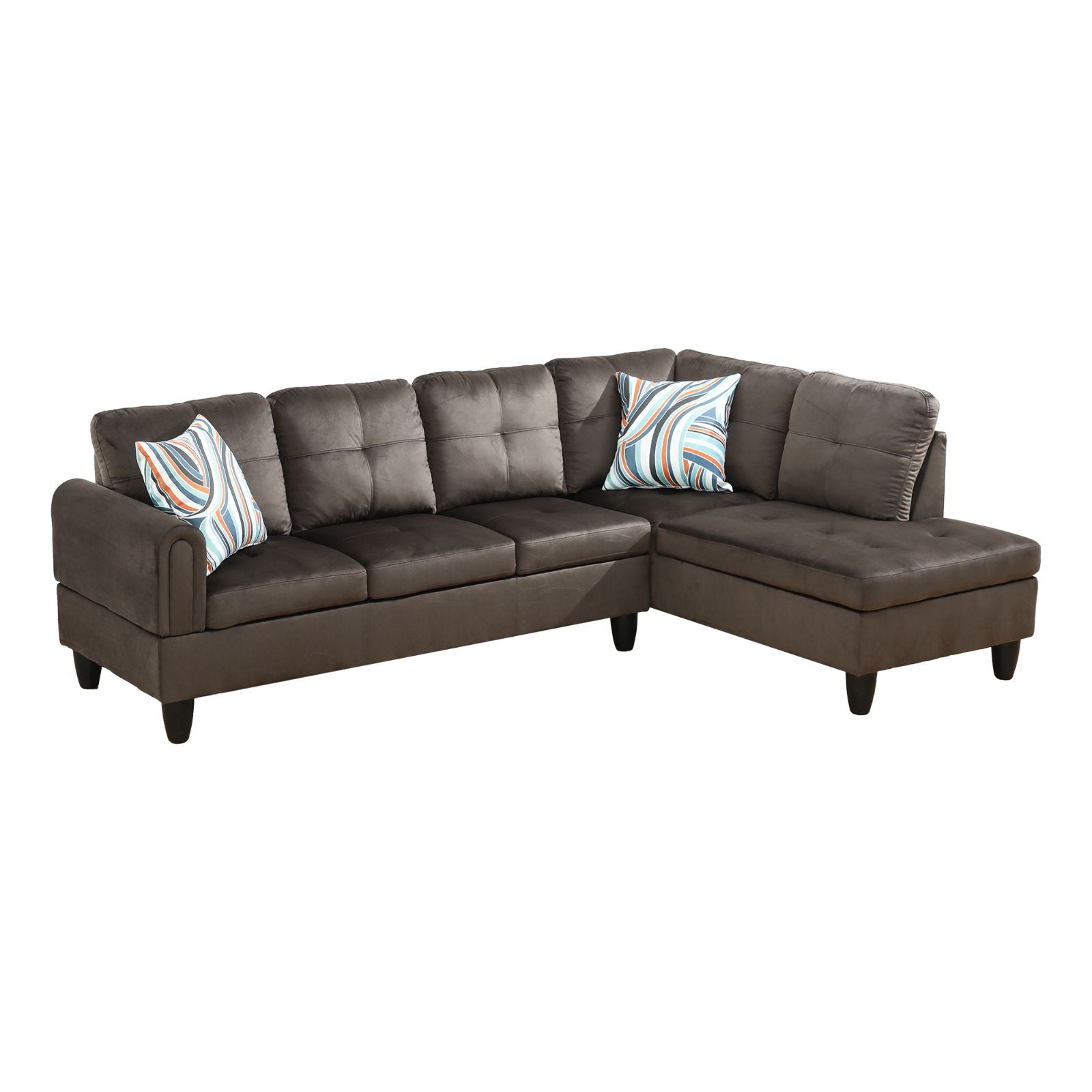 Dark brown tufted velvet sectional sofa with striped accent pillows