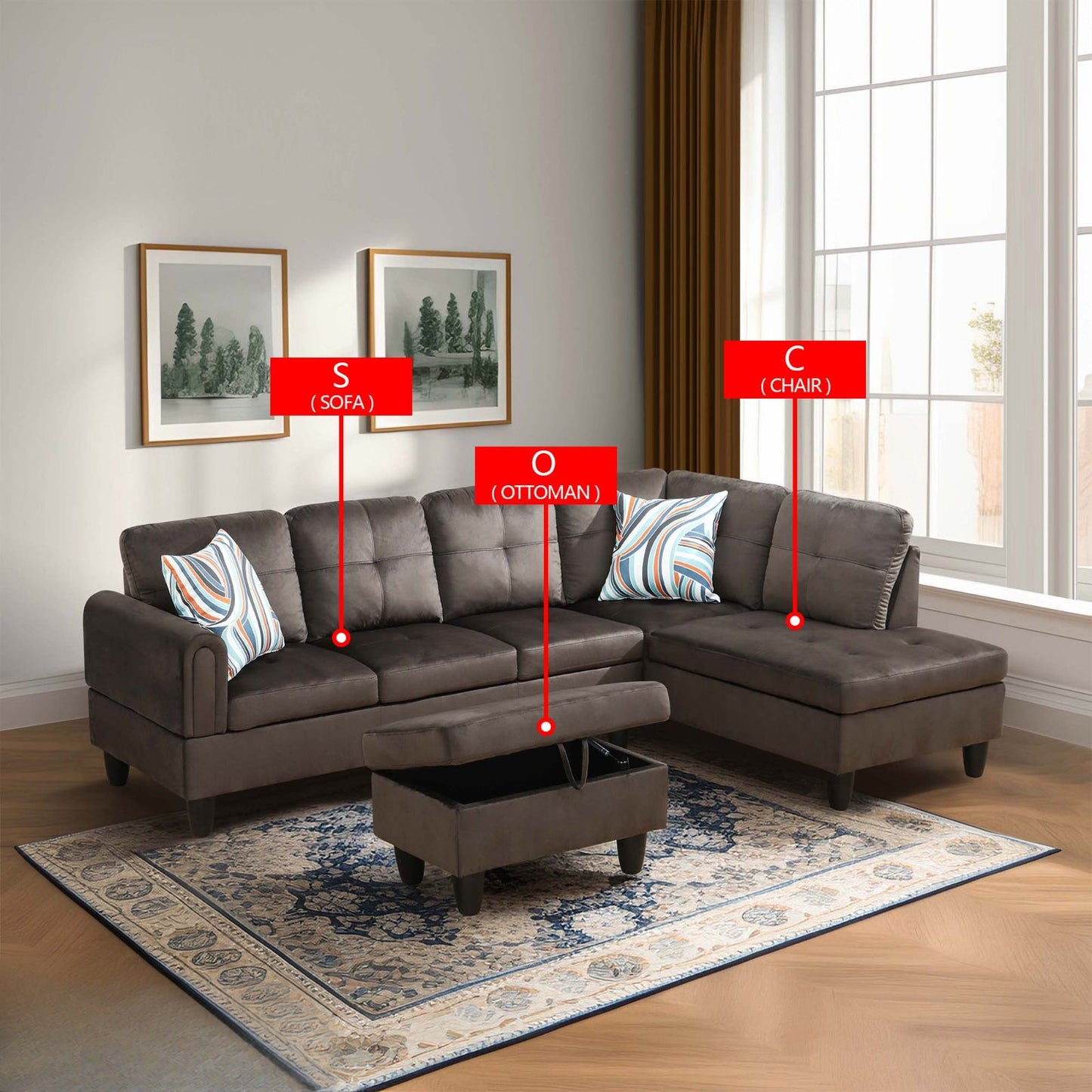 Dark brown sectional sofa with storage ottoman