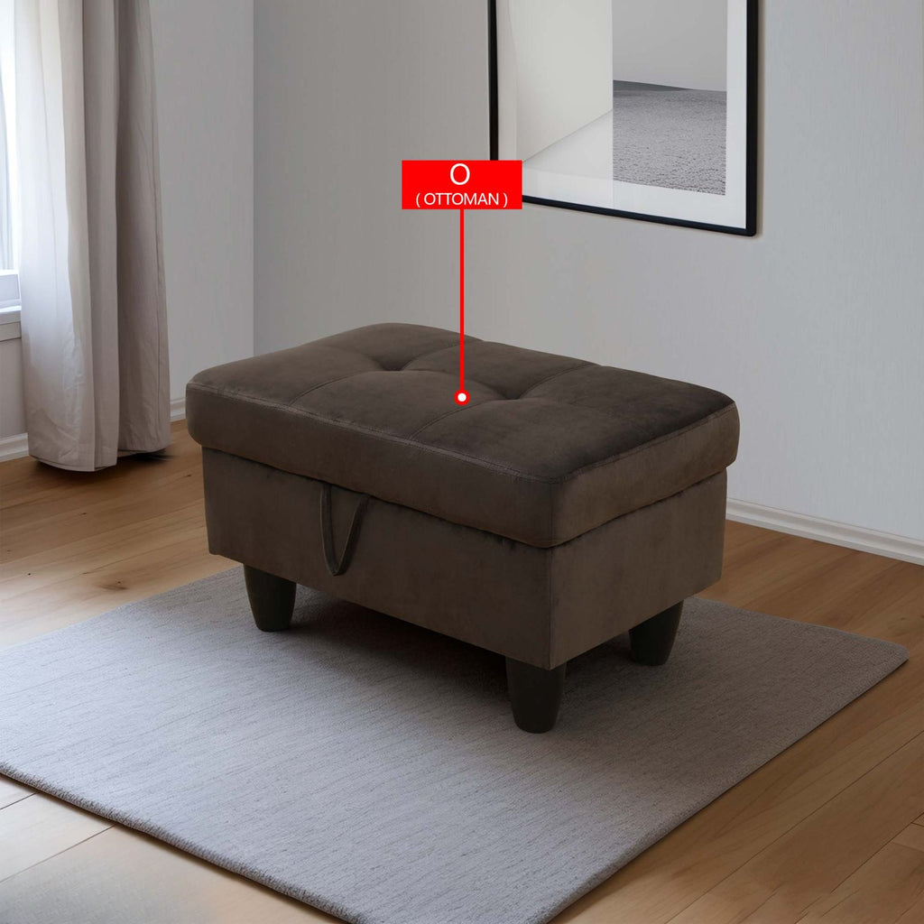 Tufted brown velvet storage ottoman with dark wooden legs and convenient side pulltab