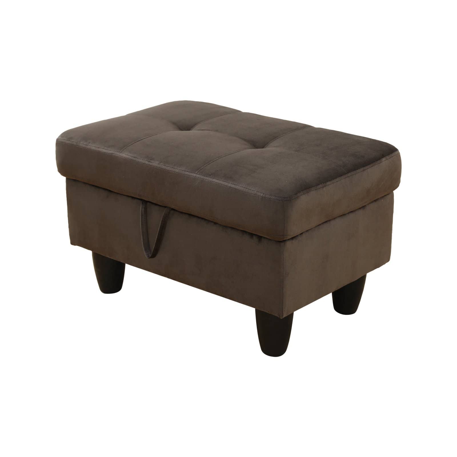 Brown tufted storage ottoman with dark wooden legs