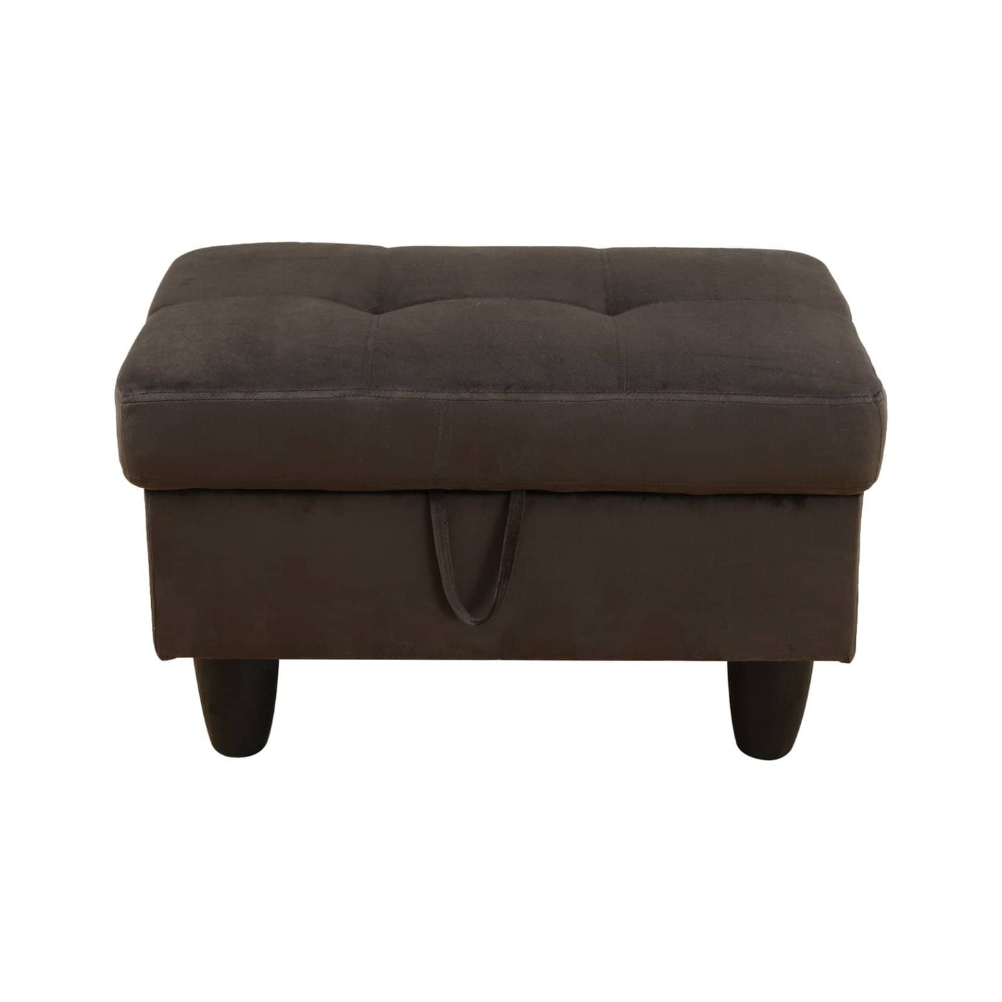 Dark brown tufted storage ottoman with tapered legs