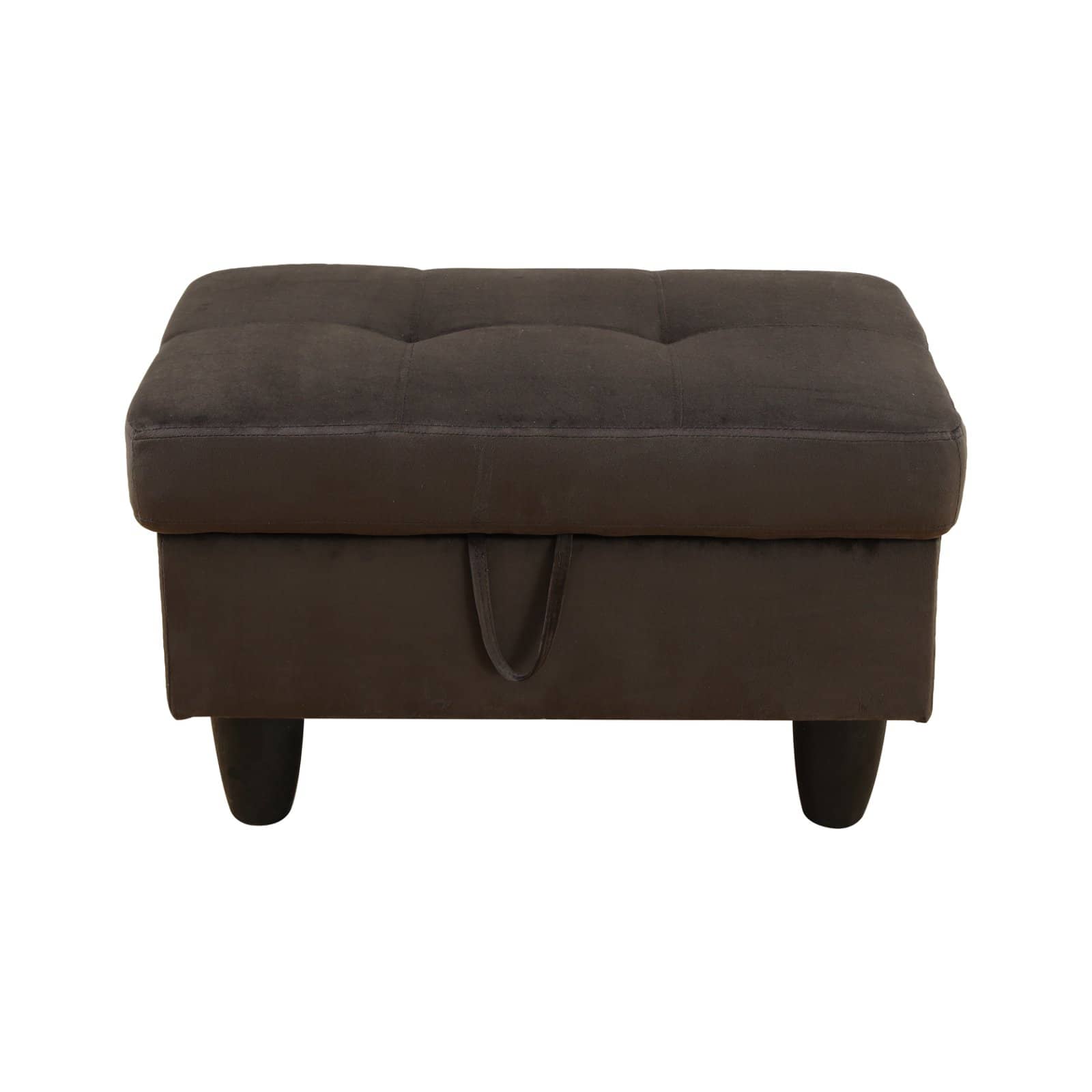 Dark brown tufted storage ottoman with tapered legs