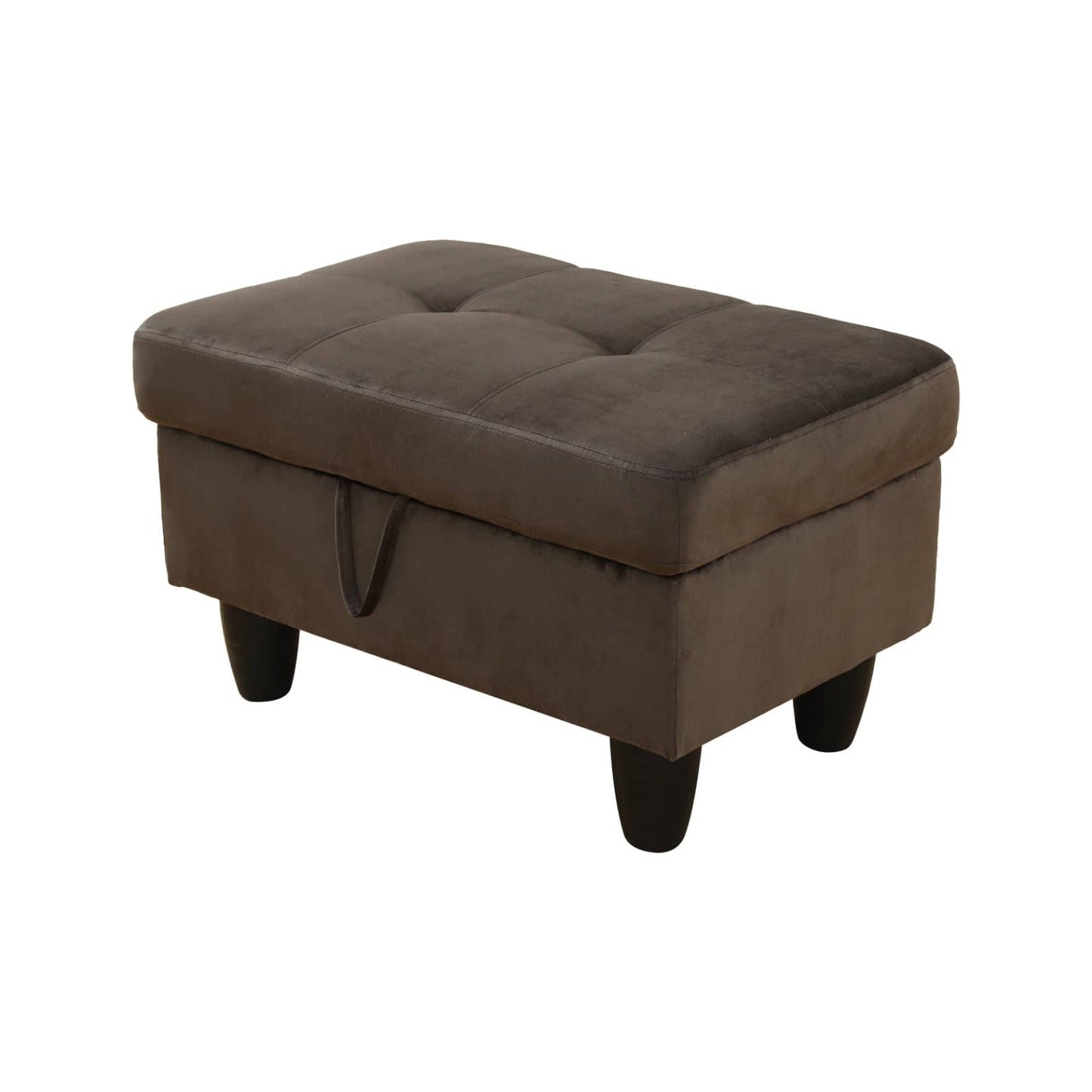 Tufted brown velvet storage ottoman with dark wooden legs and side pull tab