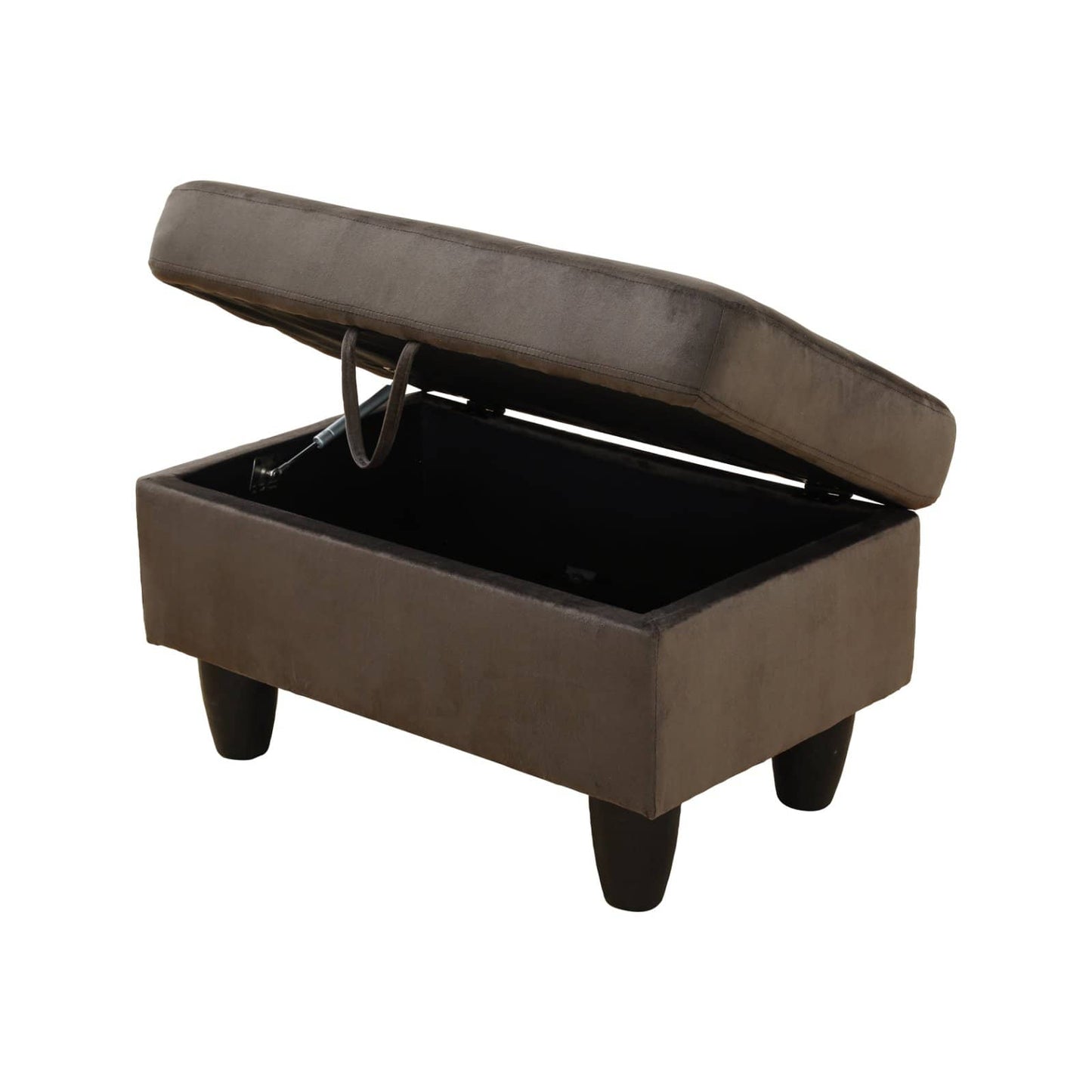 Brown velvet storage ottoman with lifttop lid and dark wood legs