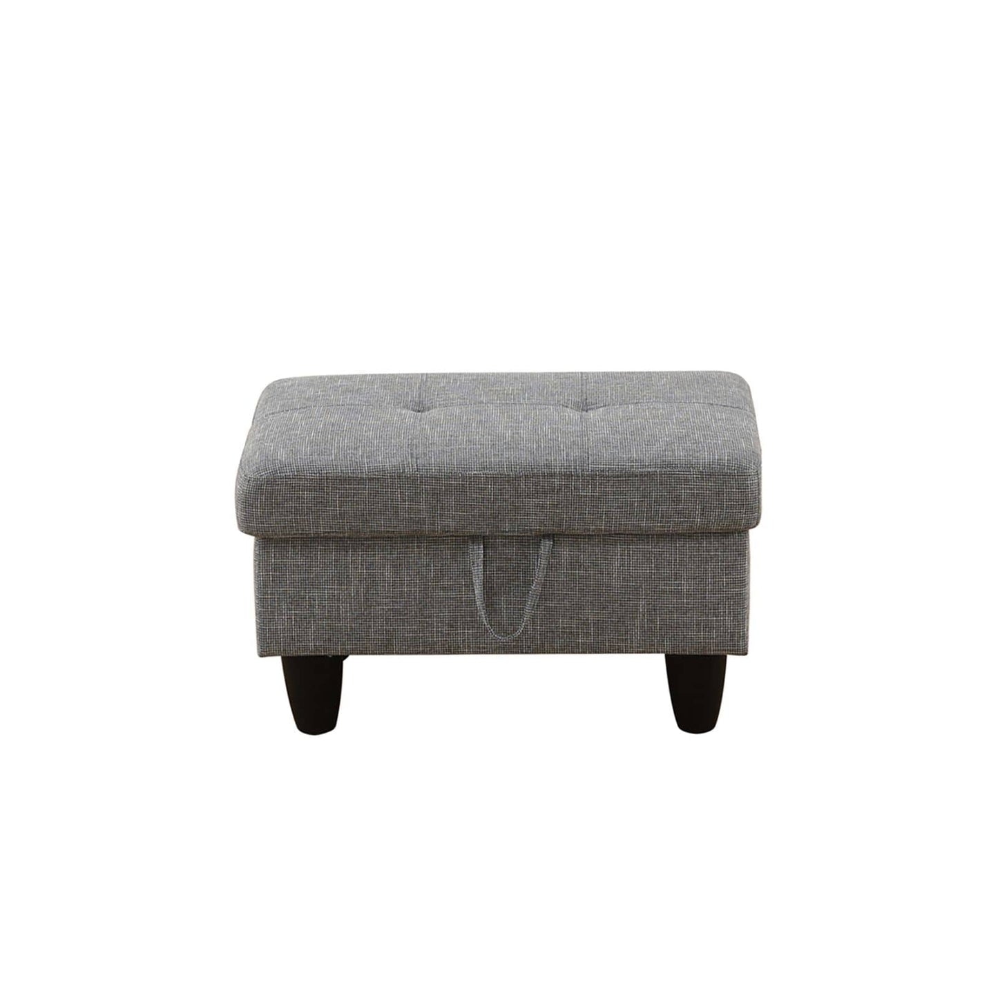 Grey fabric storage ottoman with tufted top and pull handle