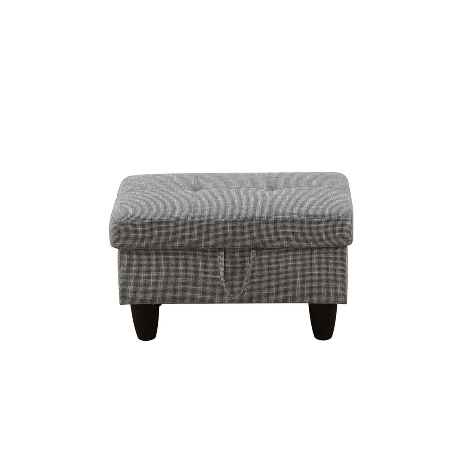 Grey fabric storage ottoman with tufted top and pull handle