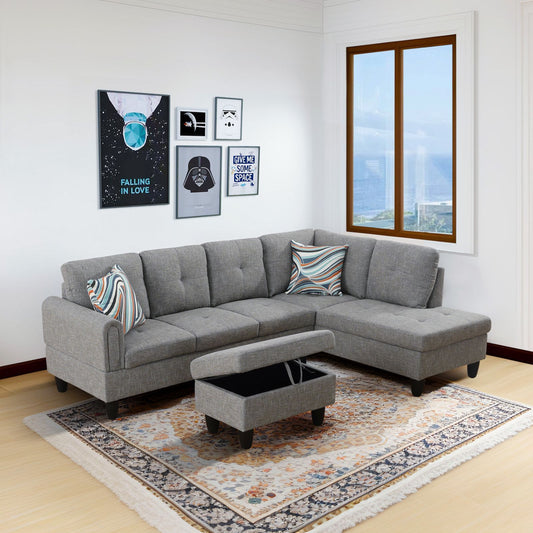 Gray fabric sectional sofa with chaise and storage ottoman