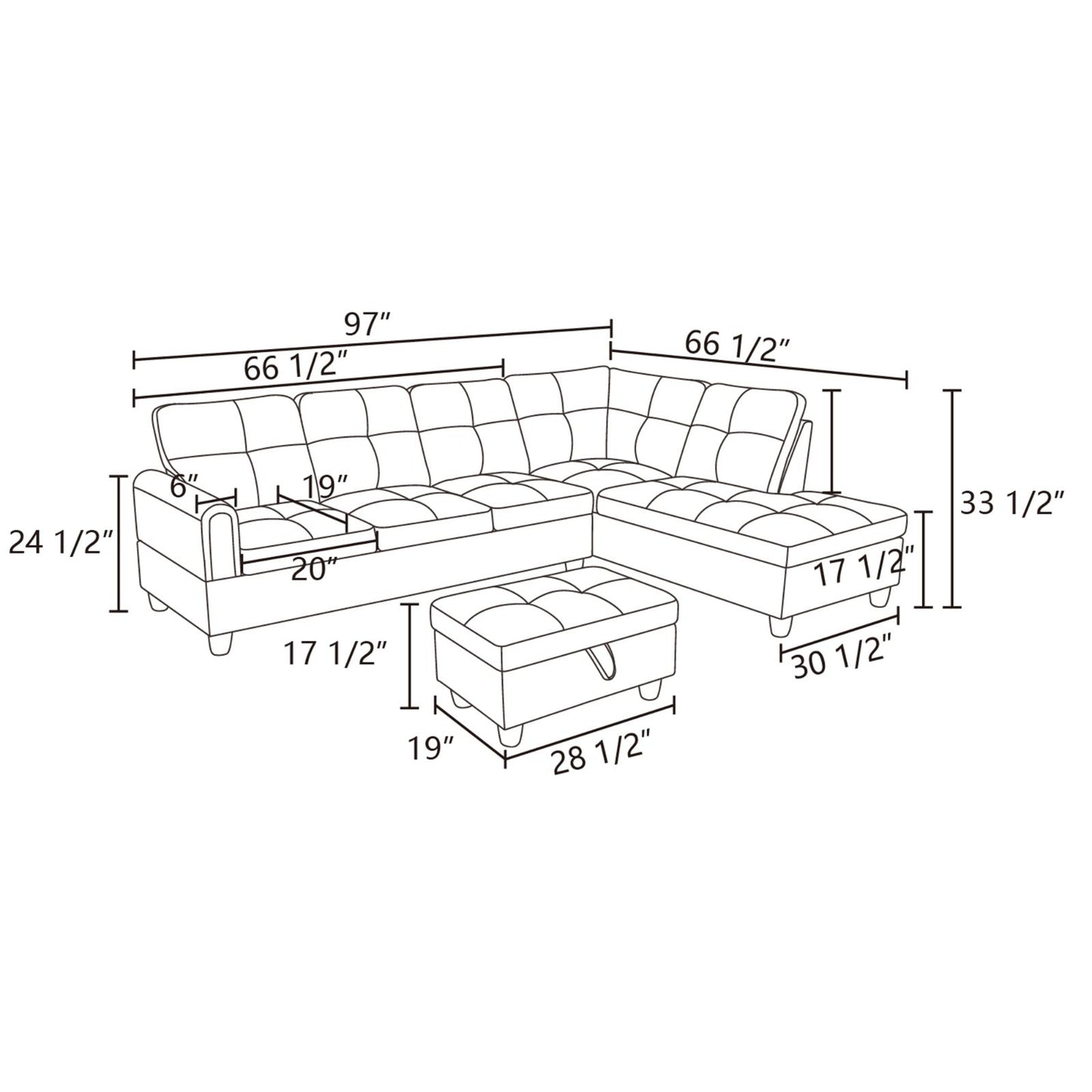 Diagram showing dimensions of a tufted sectional sofa with ottoman