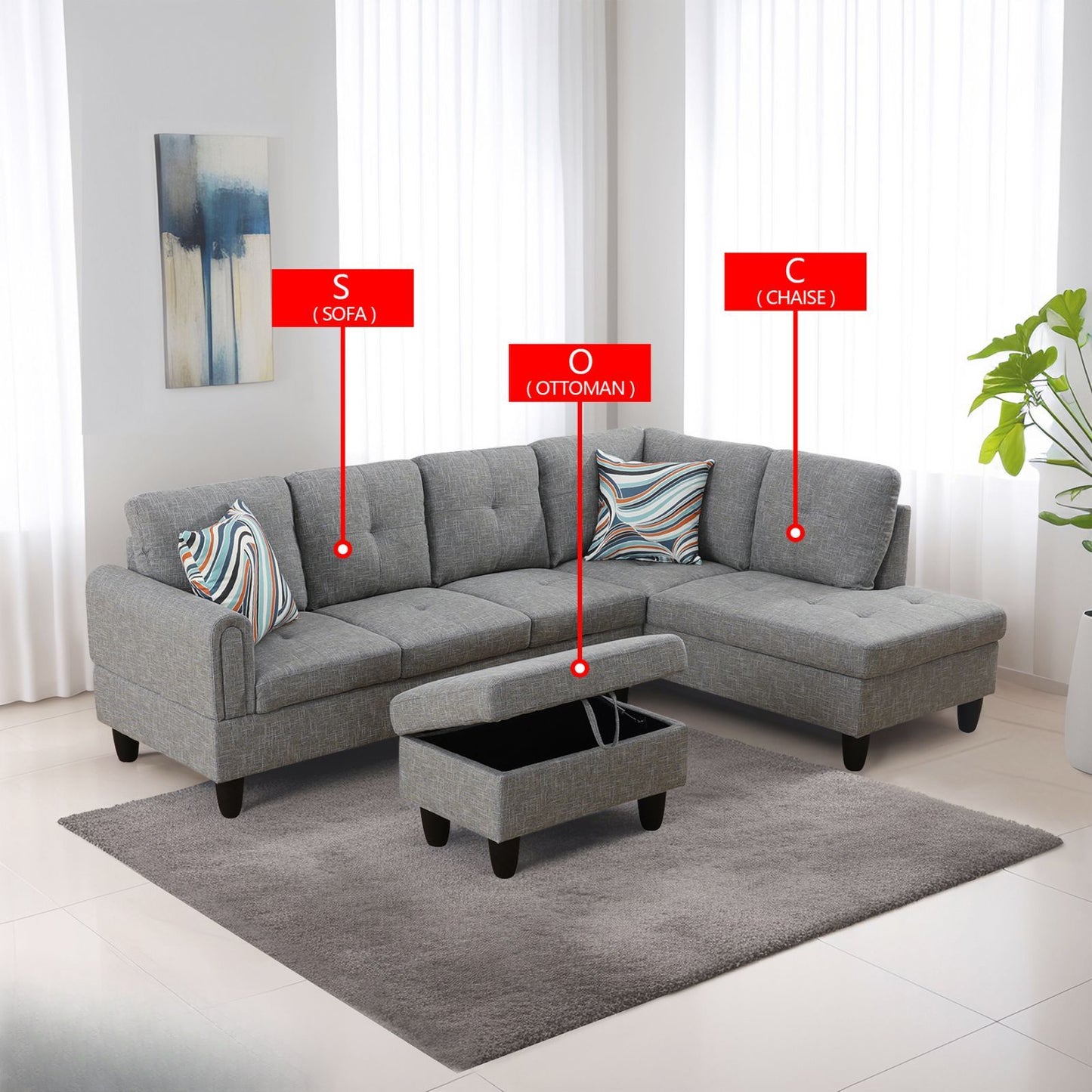 Gray fabric sectional sofa with storage ottoman