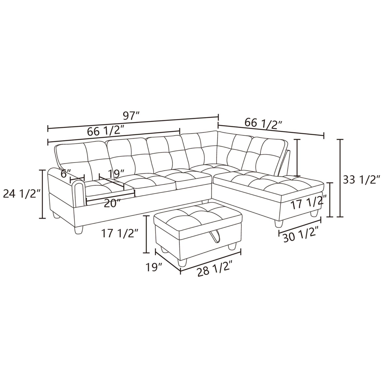 Diagram of a tufted sectional sofa with chaise and storage ottoman