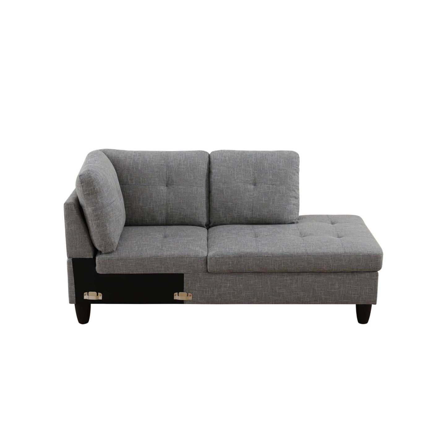 Gray fabric sectional sofa with tufted cushions and chaise lounge
