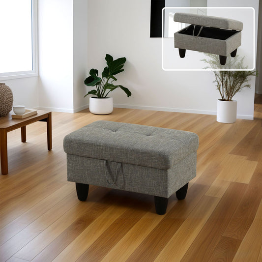 Tufted grey fabric storage ottoman with black legs