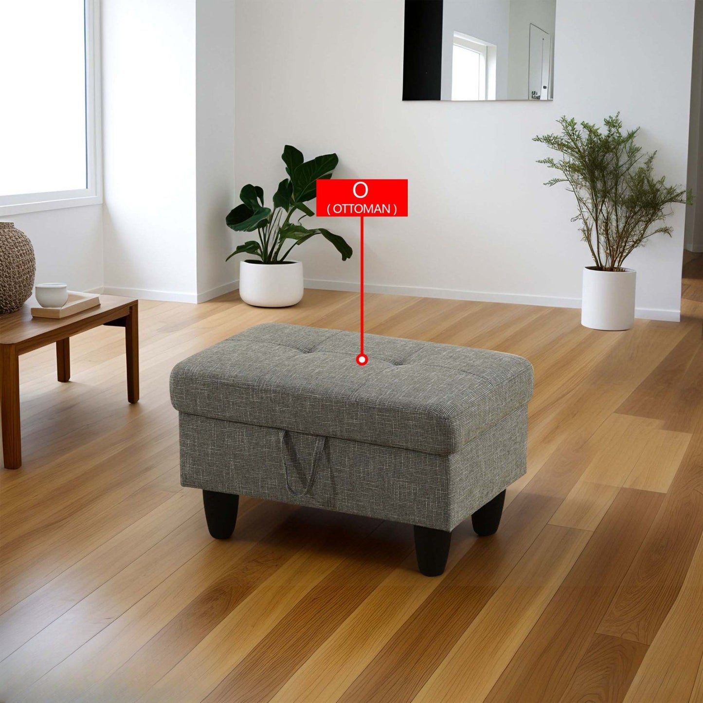 Tufted grey fabric storage ottoman with black legs