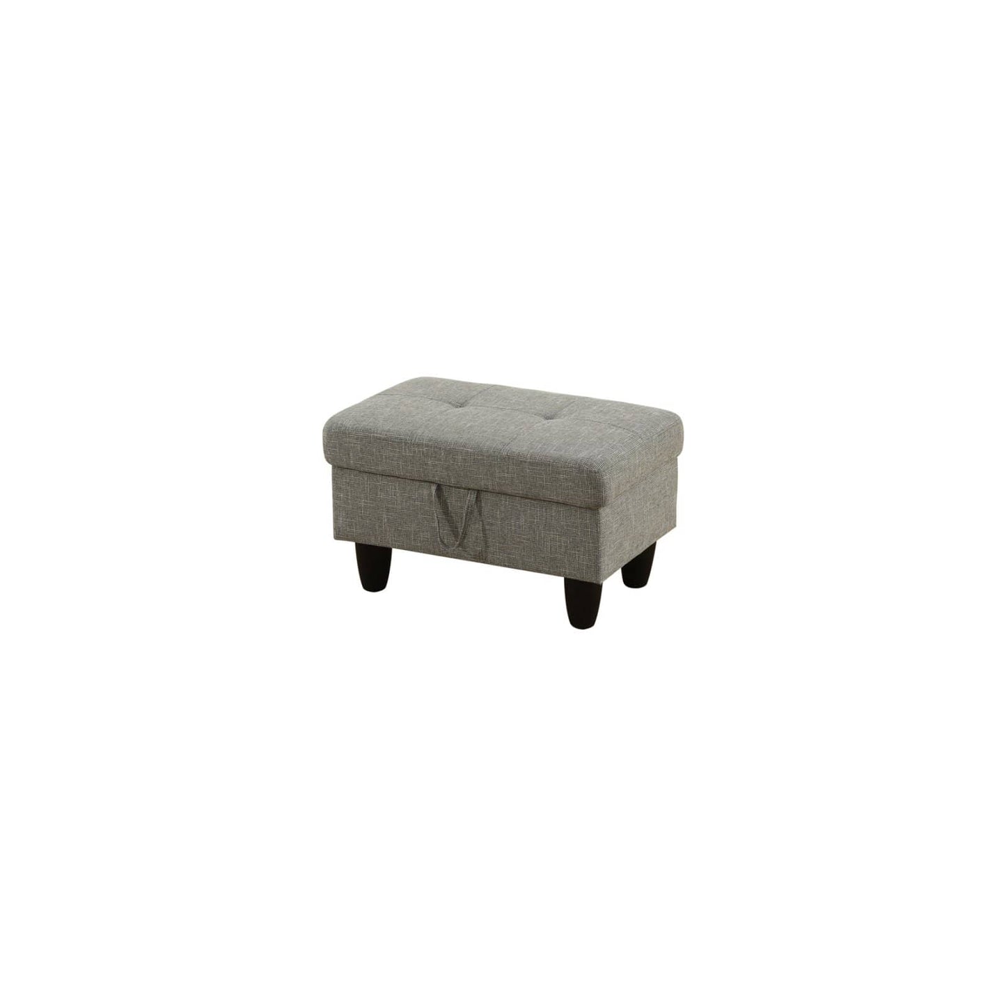 Grey tufted storage ottoman with black wooden legs
