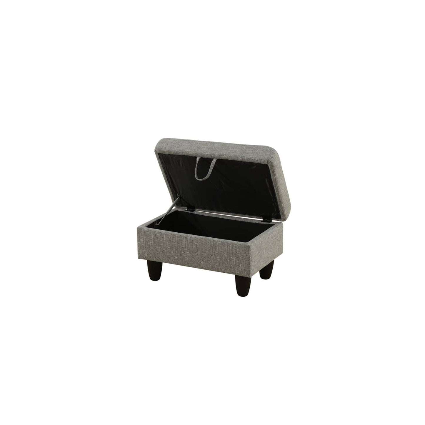 Gray fabric storage ottoman with open lid revealing black interior
