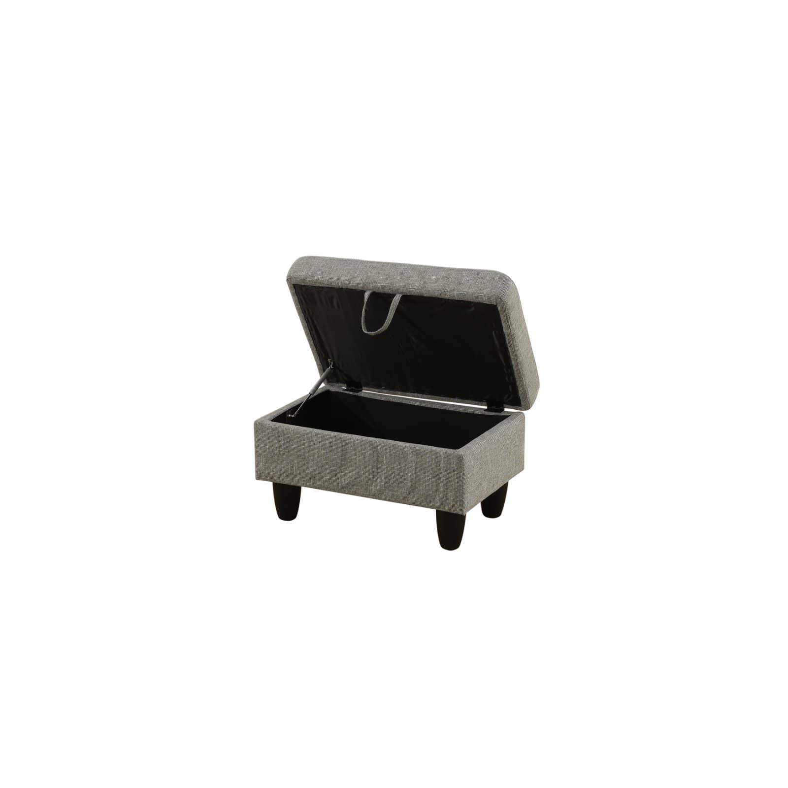 Gray fabric storage ottoman with open lid revealing black interior