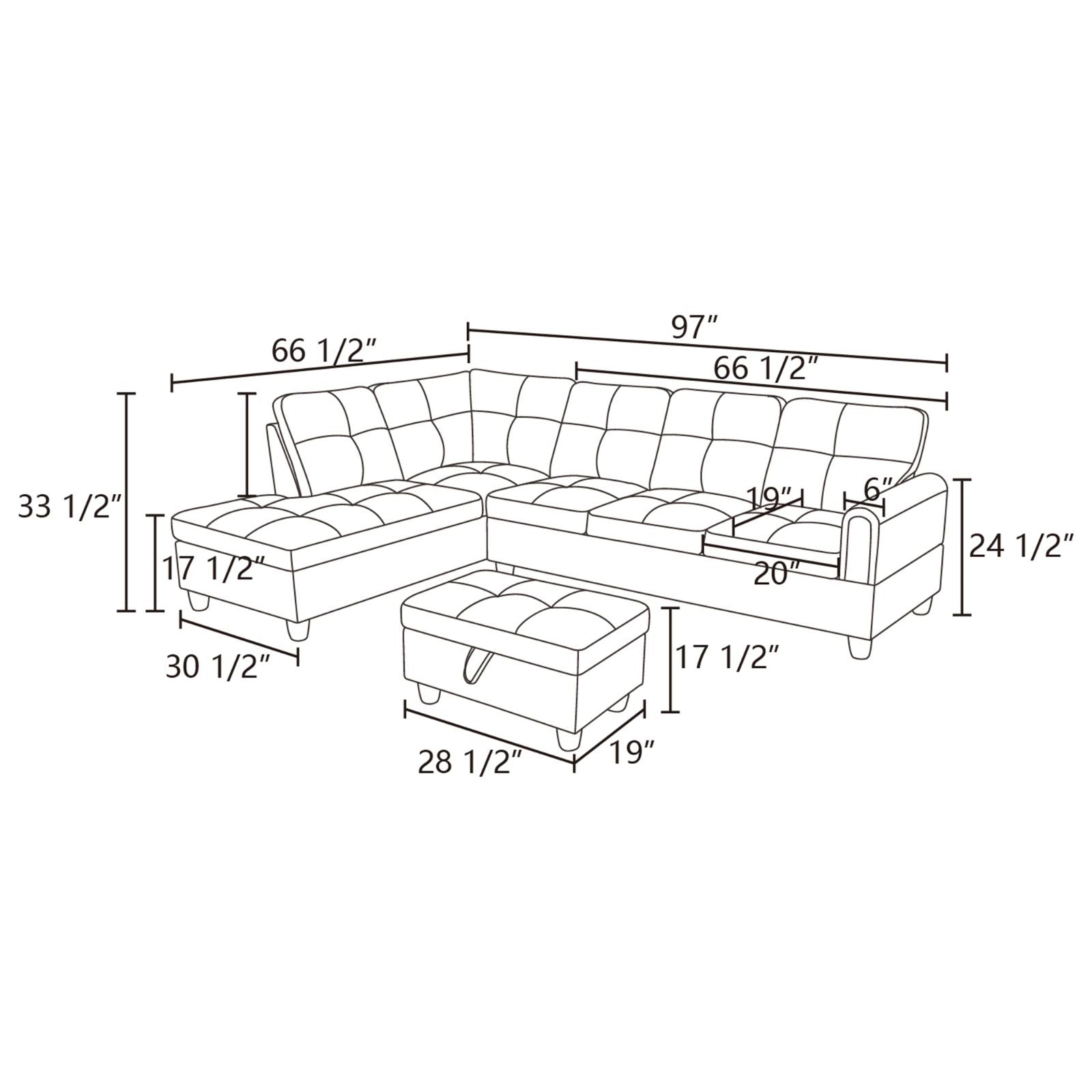 Diagram of sectional sofa and ottoman with dimensions