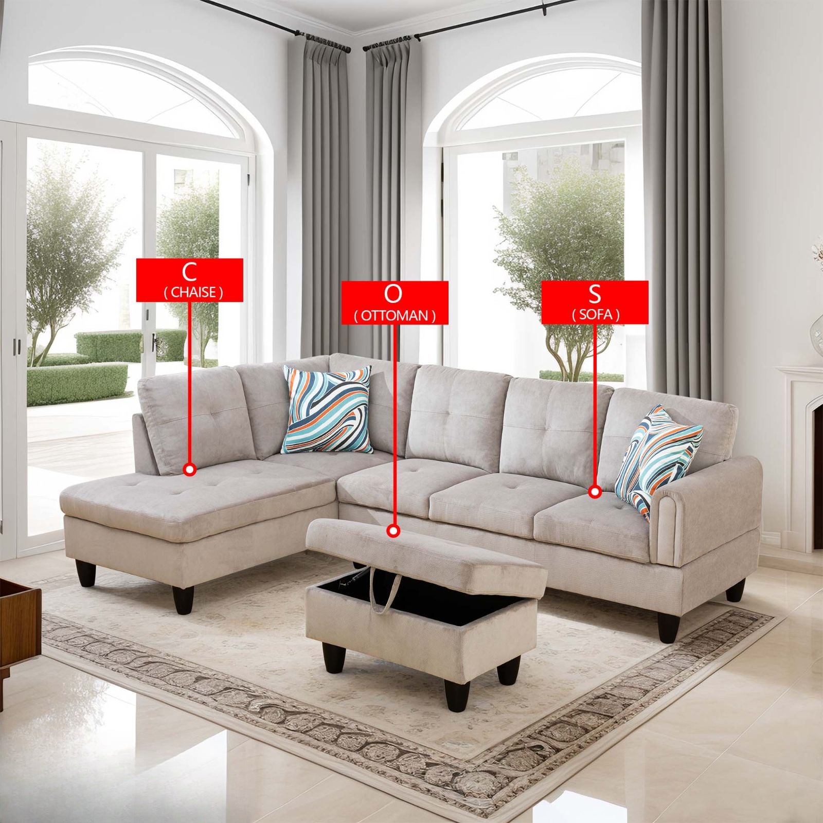 Light gray sectional sofa with chaise and storage ottoman