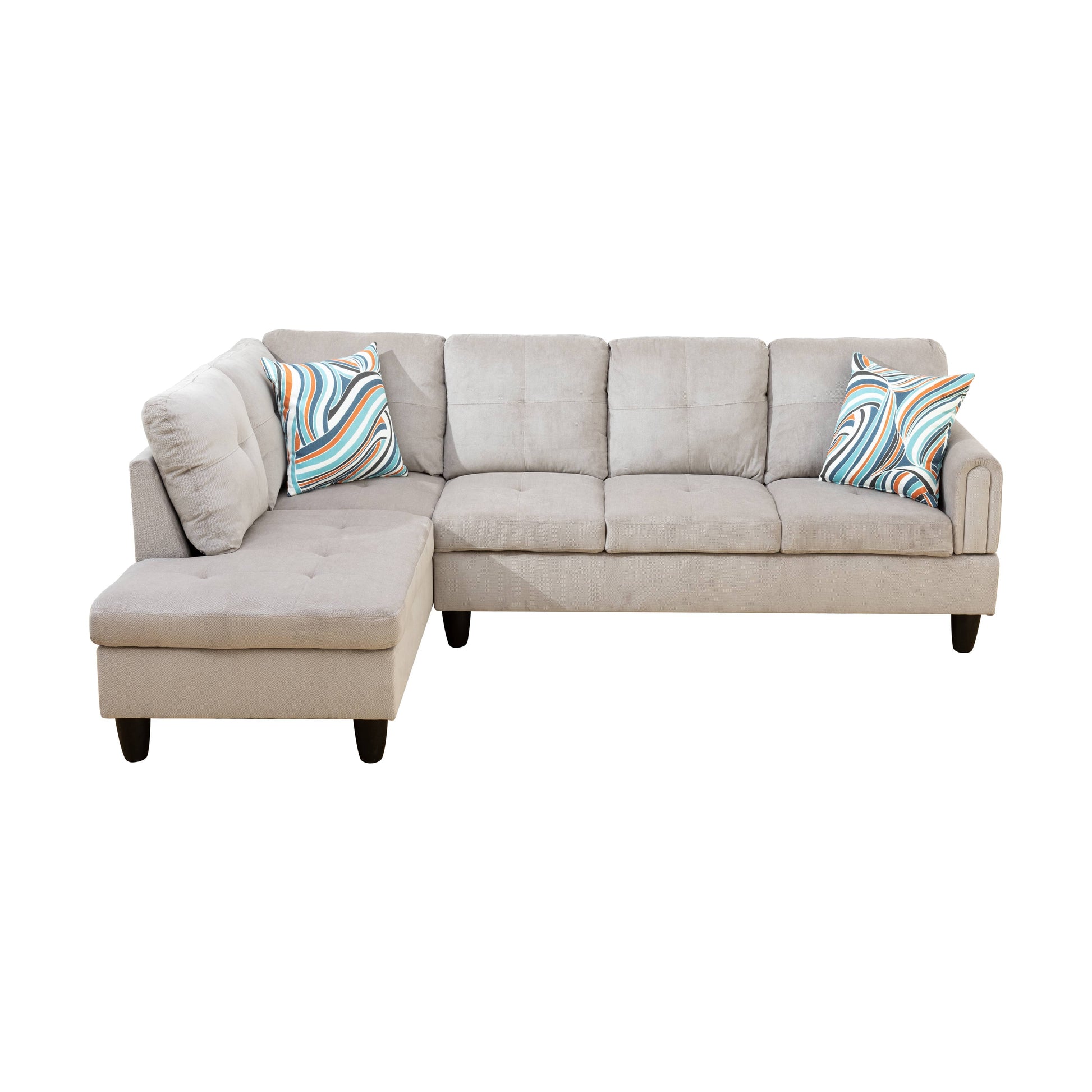 Beige fabric sectional sofa with chaise and colorful accent pillows