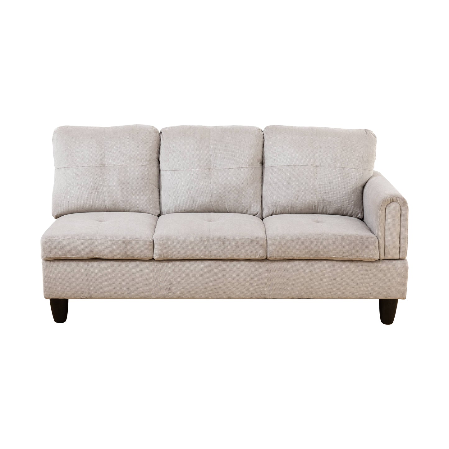 Light gray upholstered sectional sofa with tufted cushions and dark wooden legs