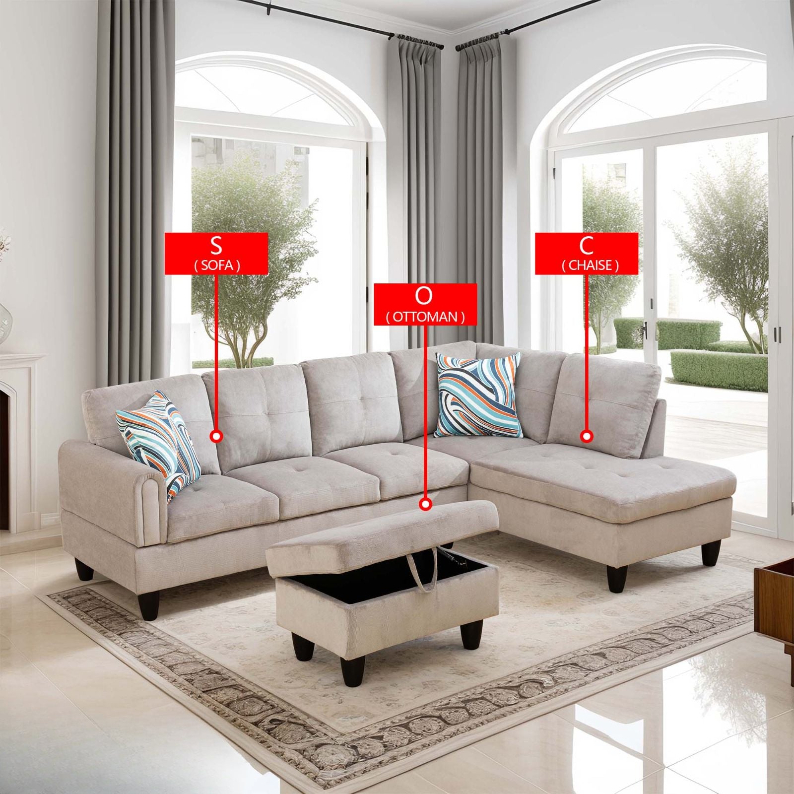 Taupe sectional sofa with chaise and storage ottoman