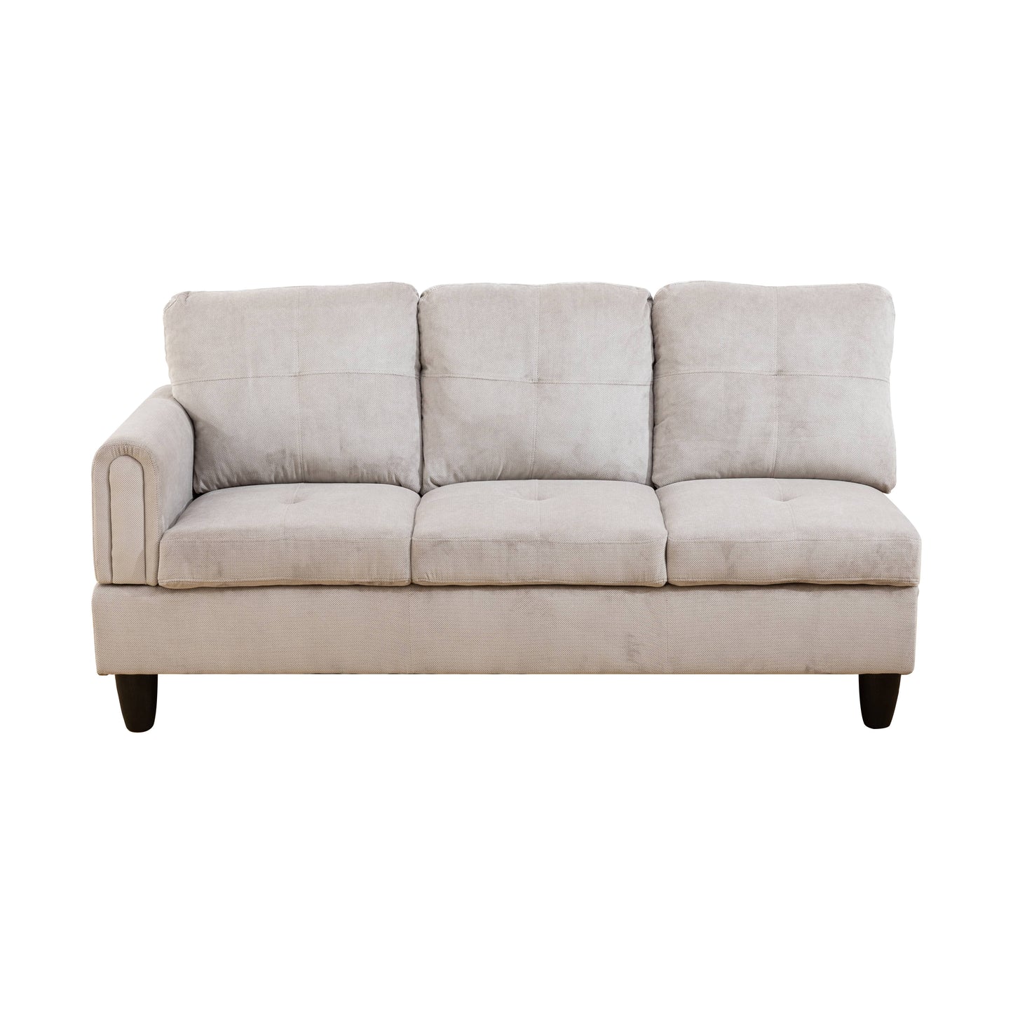 Light gray fabric sofa with plush cushions and tufted detailing