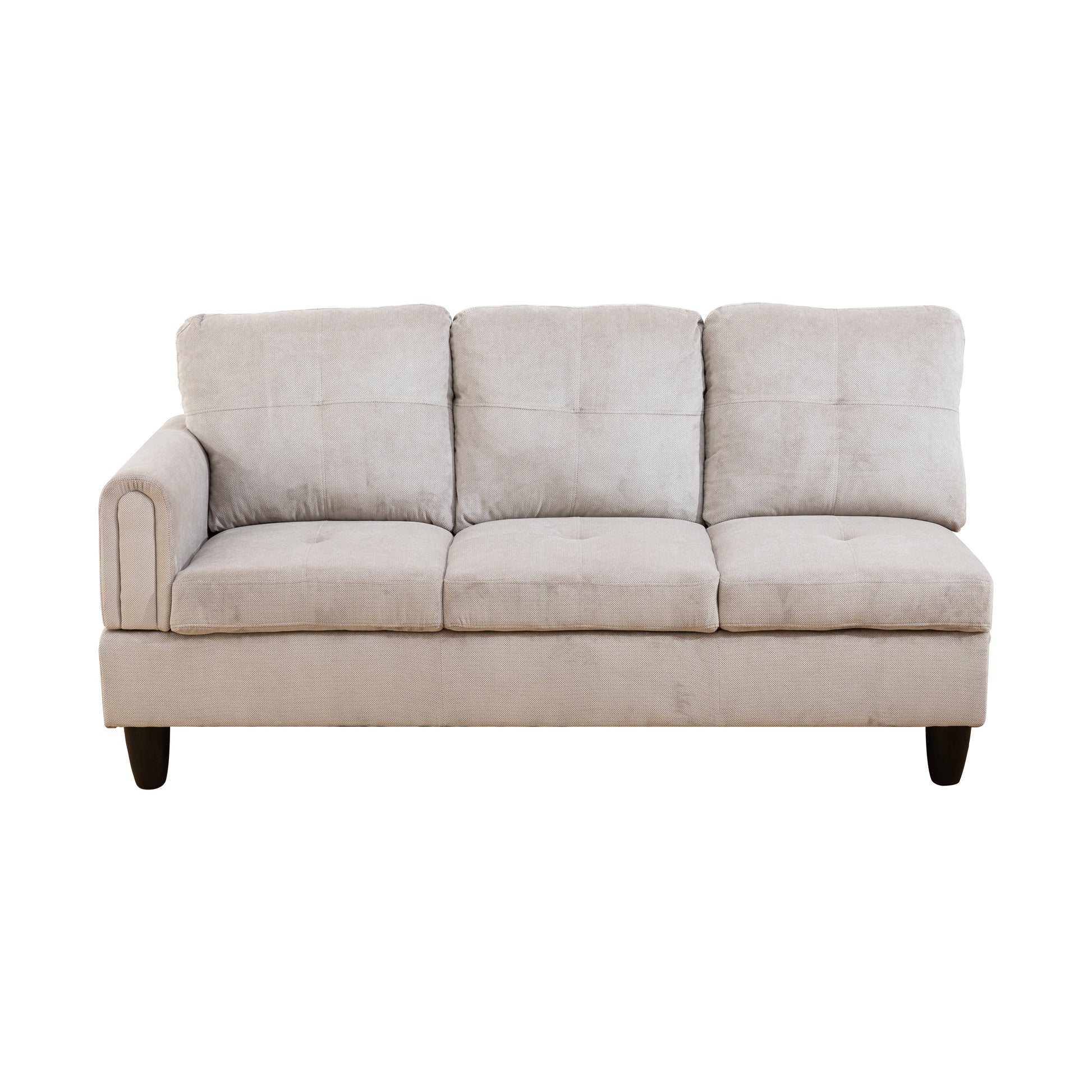 Light gray fabric sofa with plush cushions and tufted detailing