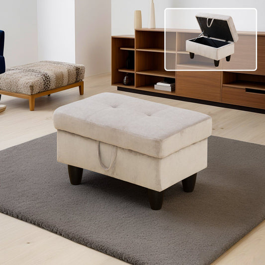 Beige storage ottoman with tufted lid and dark wood legs