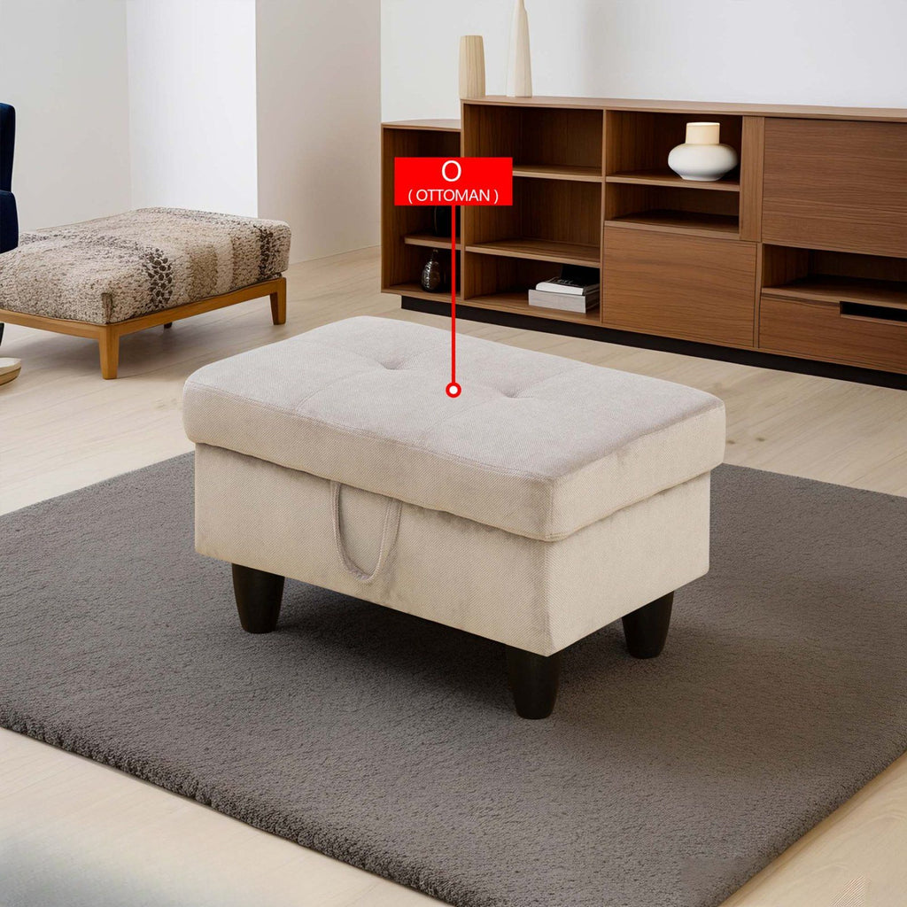 Beige tufted storage ottoman with dark wooden legs