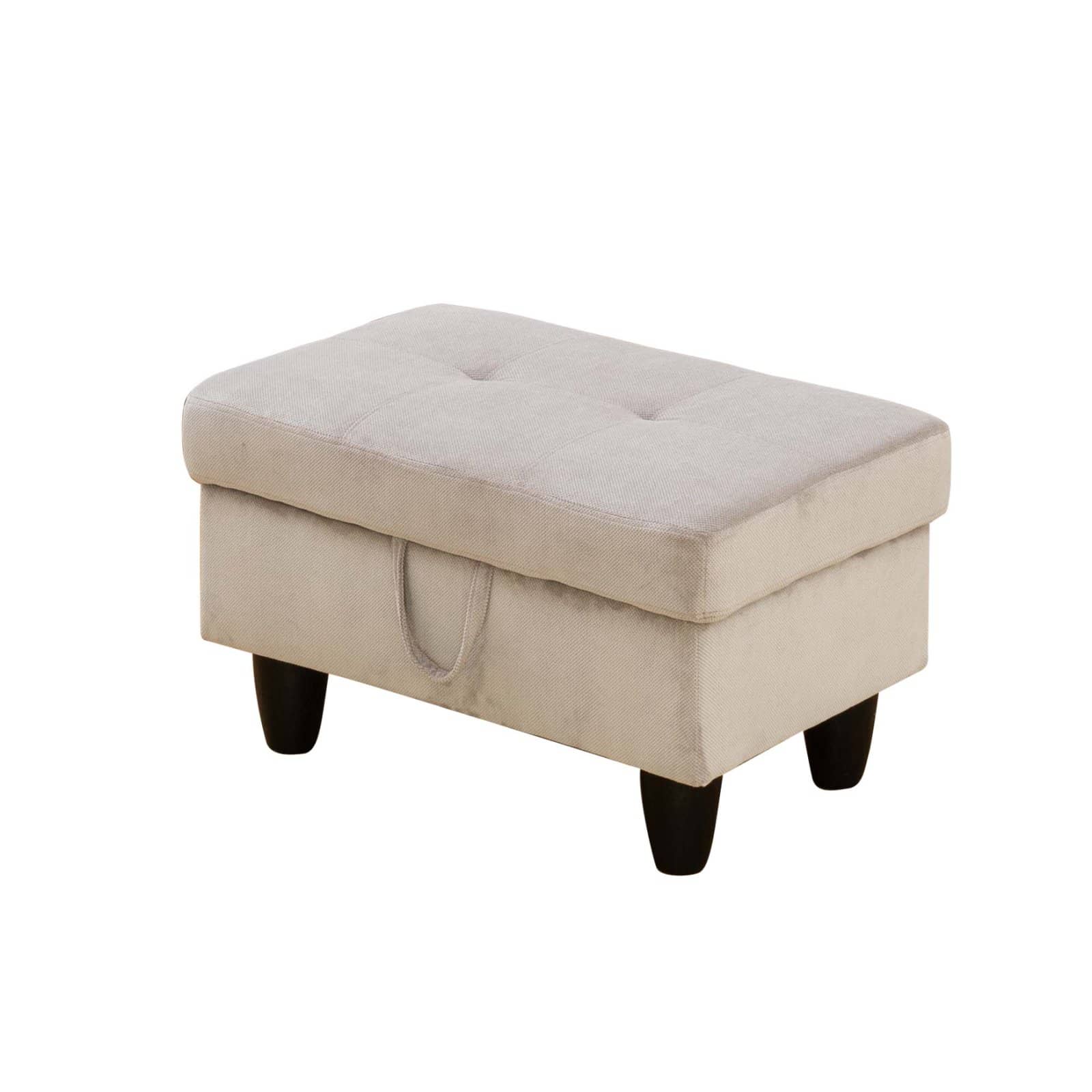 Beige tufted storage ottoman with dark tapered legs
