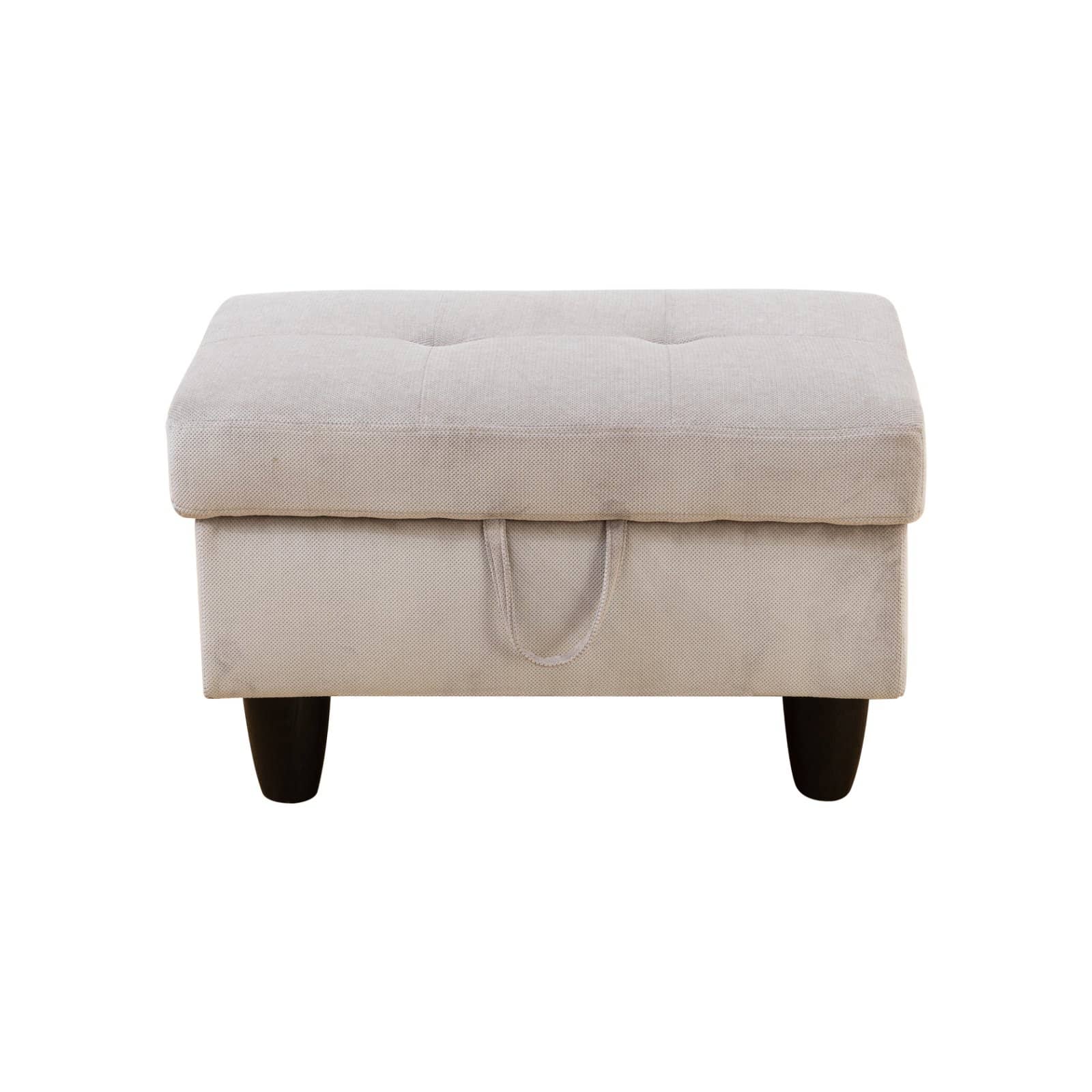 Tufted cream fabric storage ottoman with dark tapered legs and pullup handle