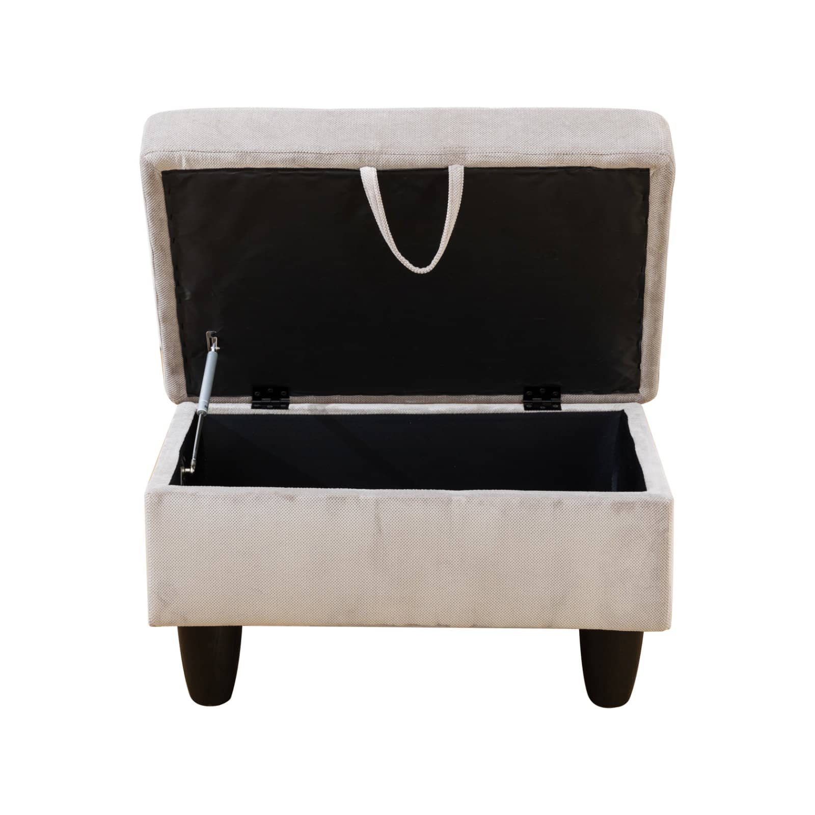 Beige fabric storage ottoman with opened lid revealing dark interior and cushioned seat