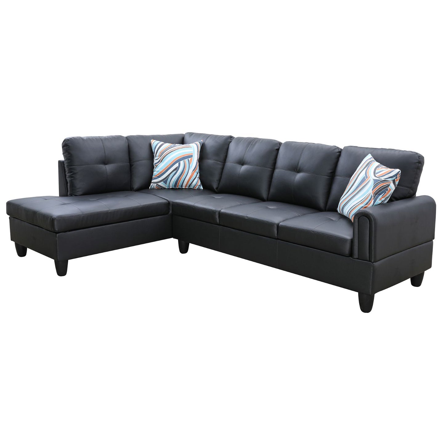 Black faux leather sectional sofa with tufted cushions and colorful throw pillows