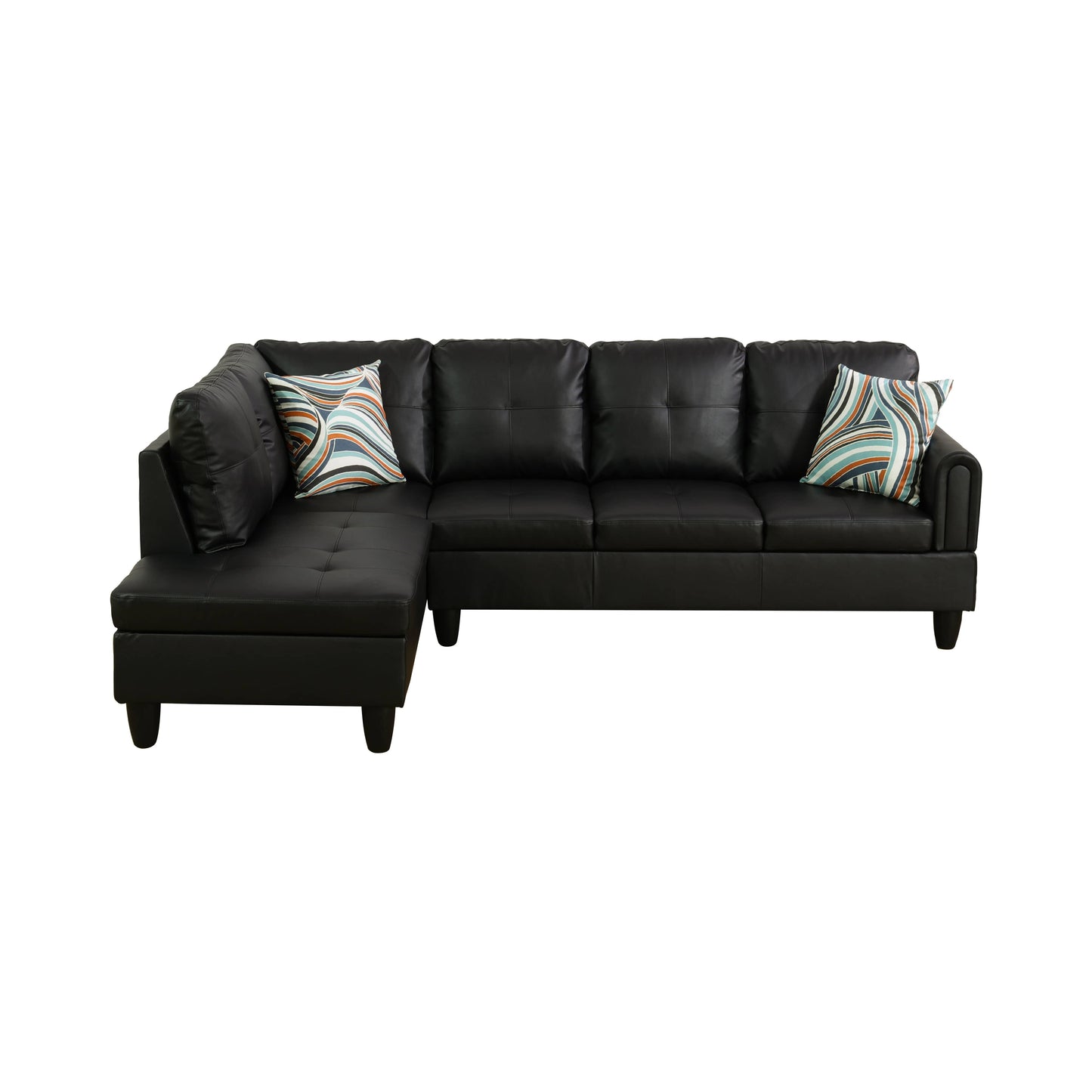Black faux leather sectional sofa with tufted cushions and decorative pillows