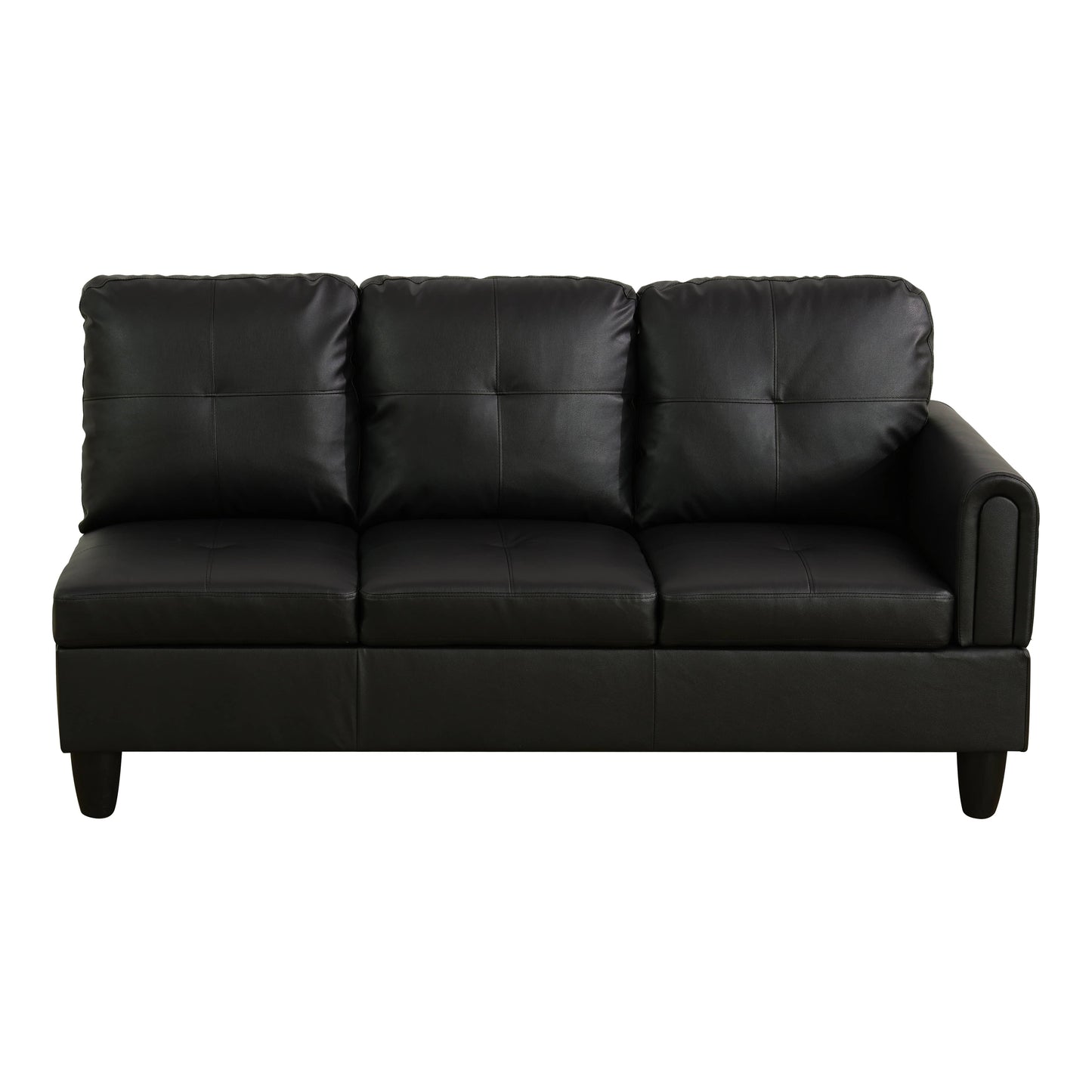 Black faux leather sofa with tufted back cushions