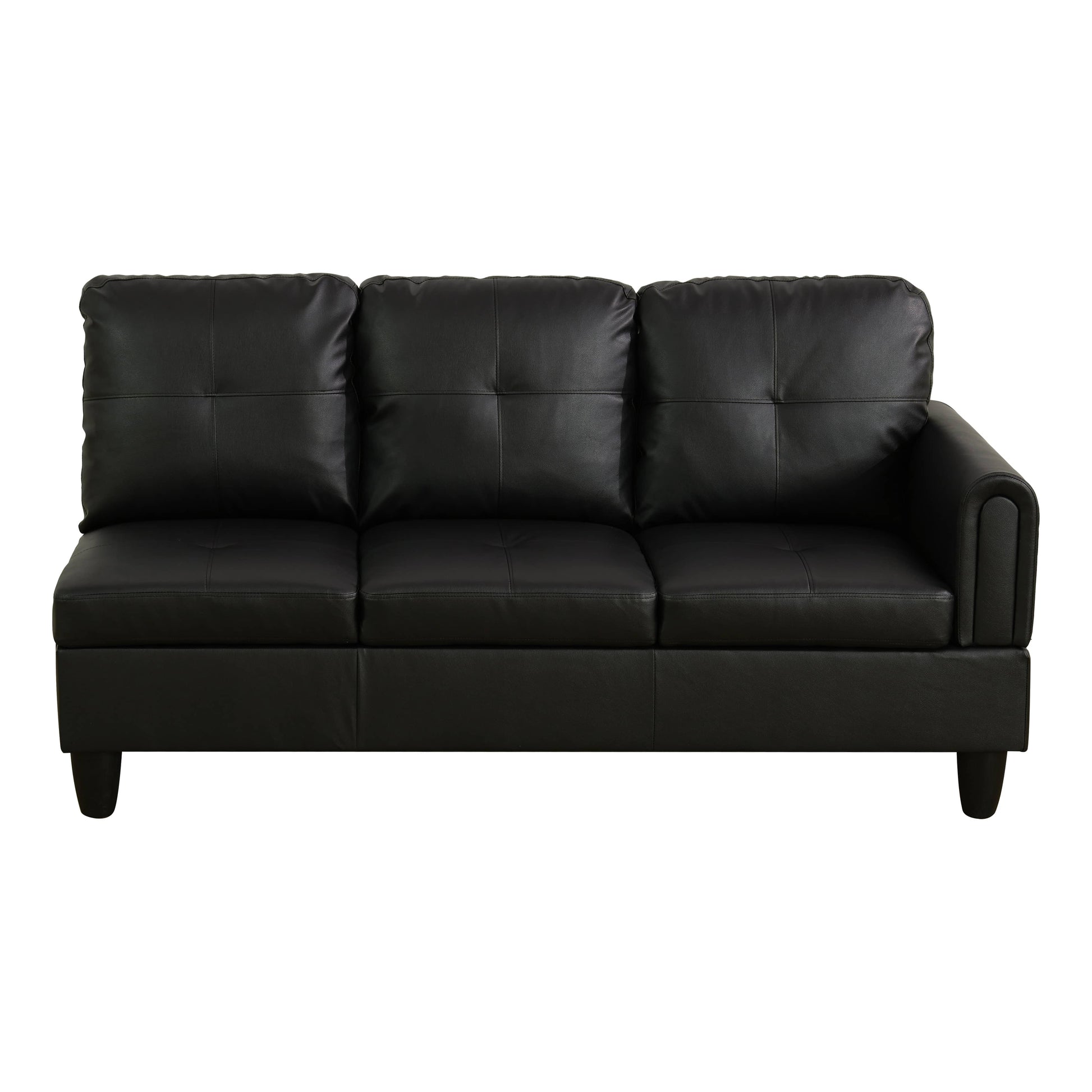 Black faux leather sofa with tufted back cushions