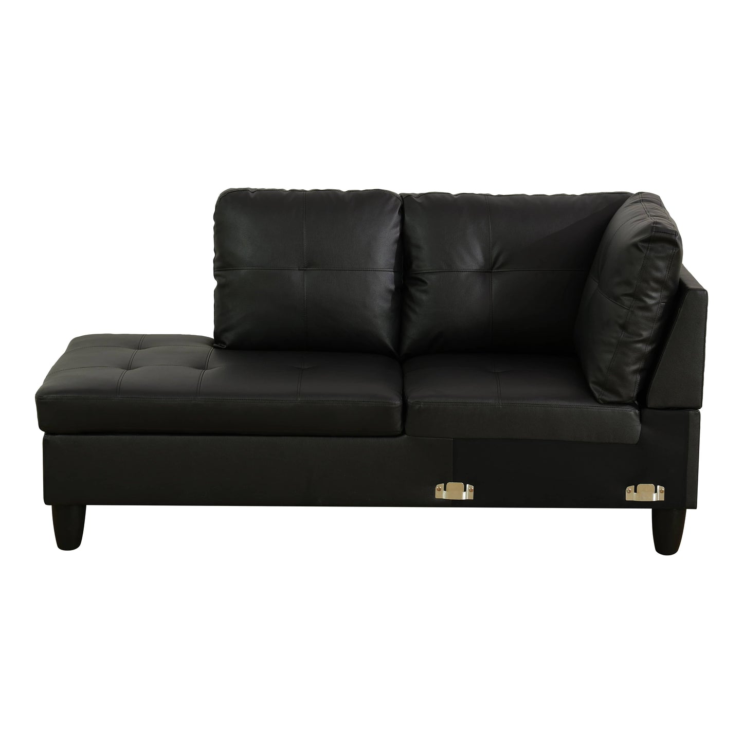 Black faux leather sectional sofa with tufted cushions
