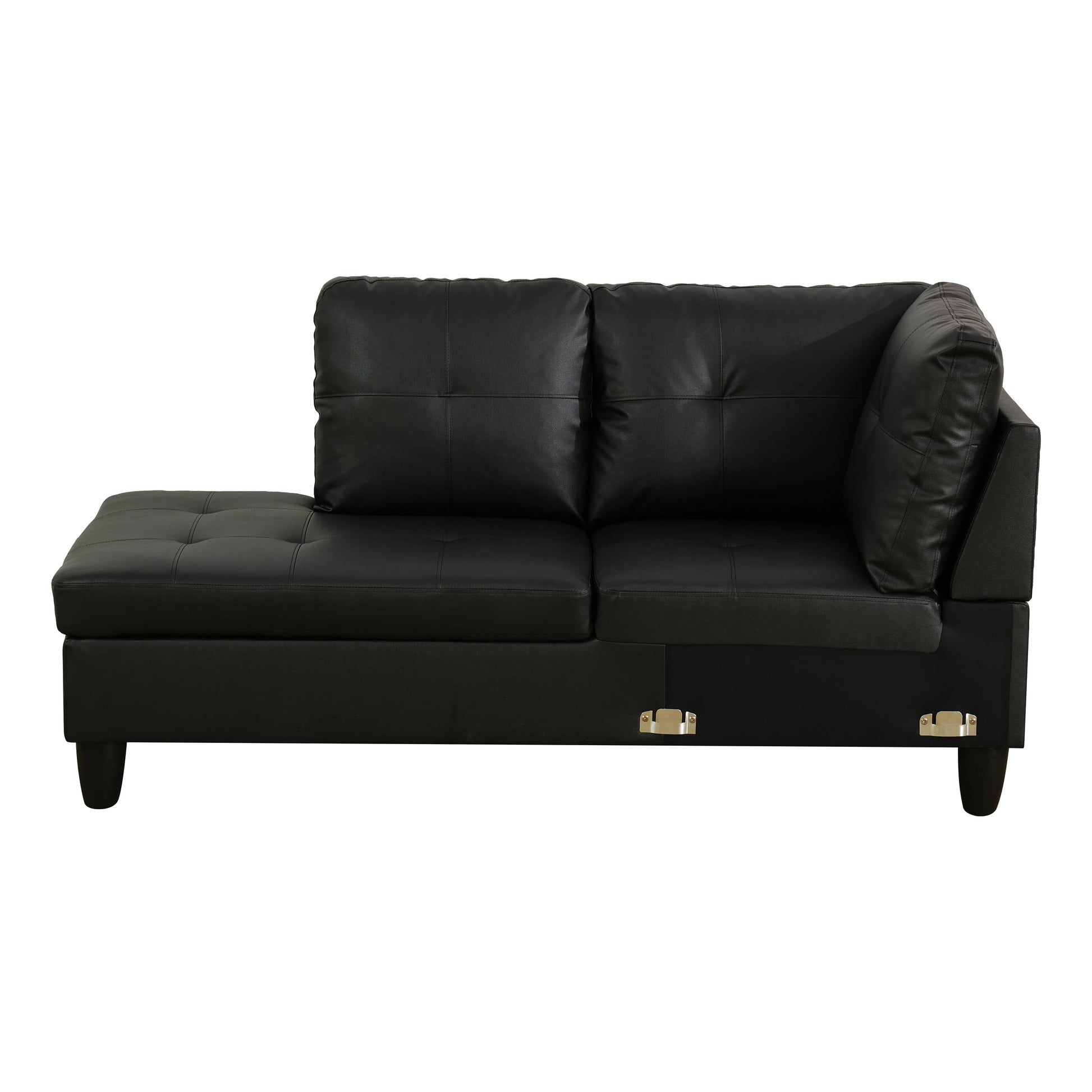 Black faux leather sectional sofa with tufted cushions