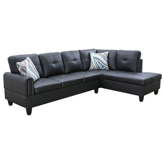 Black faux leather Lshaped sectional sofa with tufted cushions and striped throw pillows