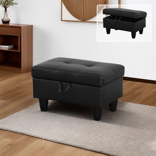 Black faux leather tufted storage ottoman with lifttop and side handle