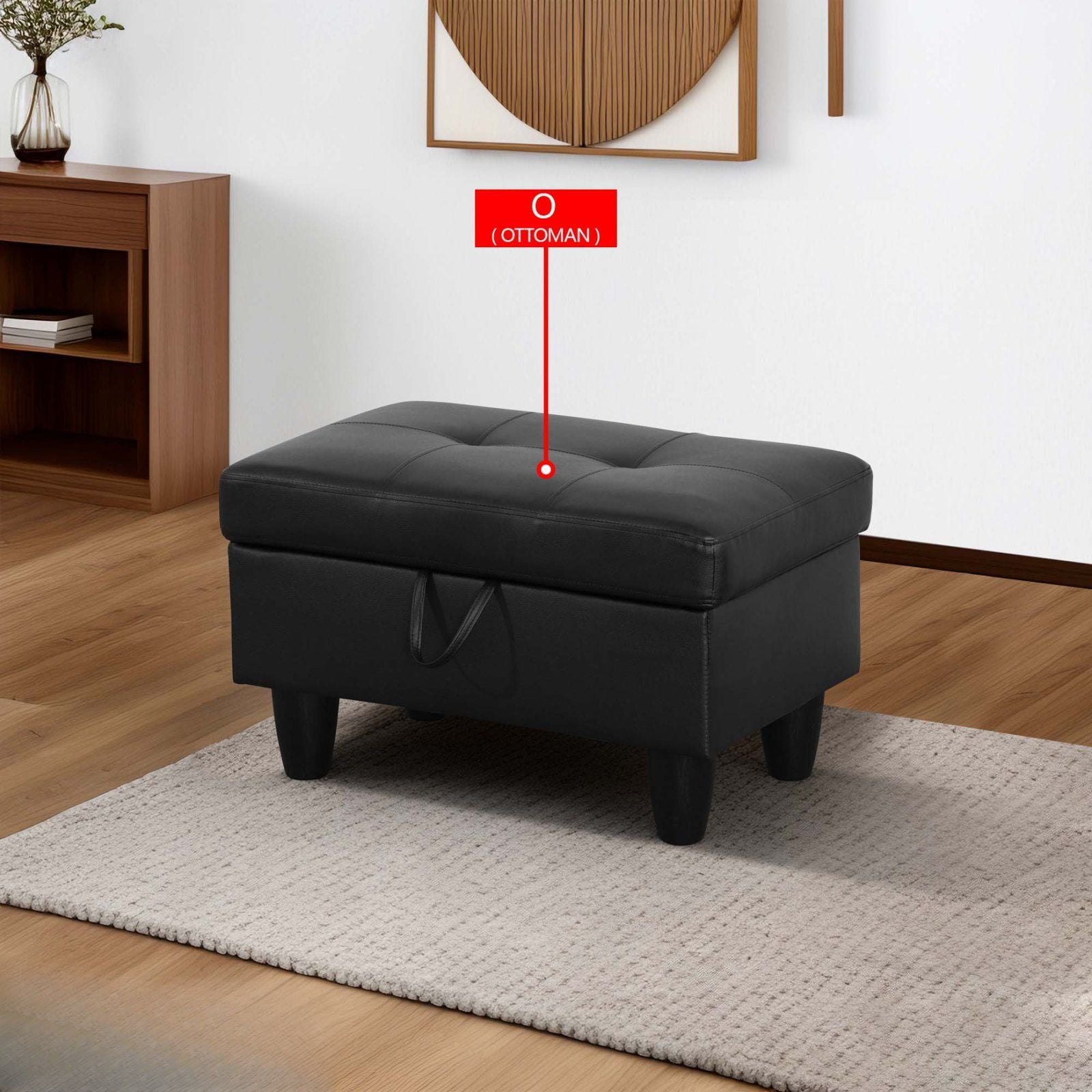 Black faux leather tufted storage ottoman with a lifttop lid