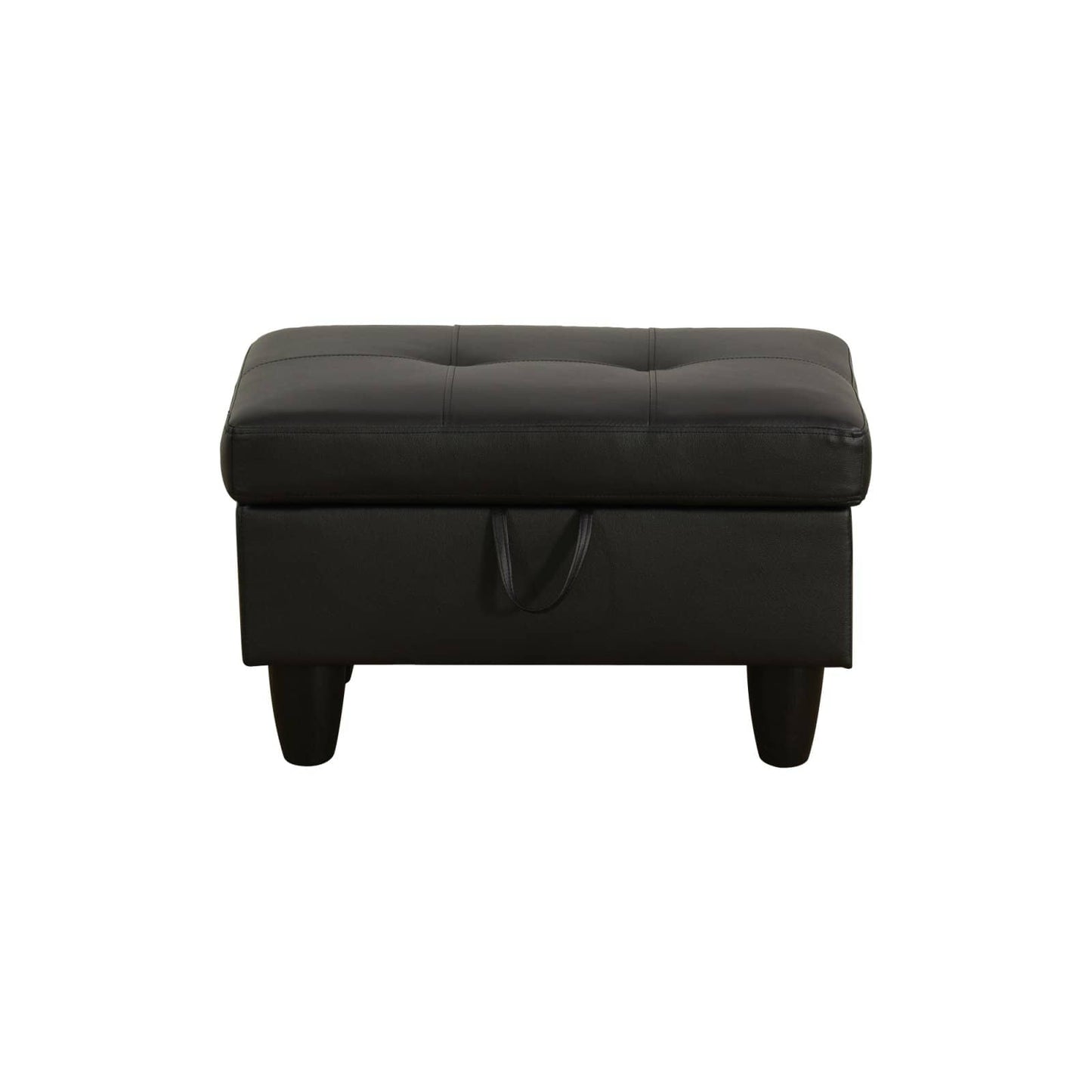 Black faux leather storage ottoman with tufted top and convenient storage