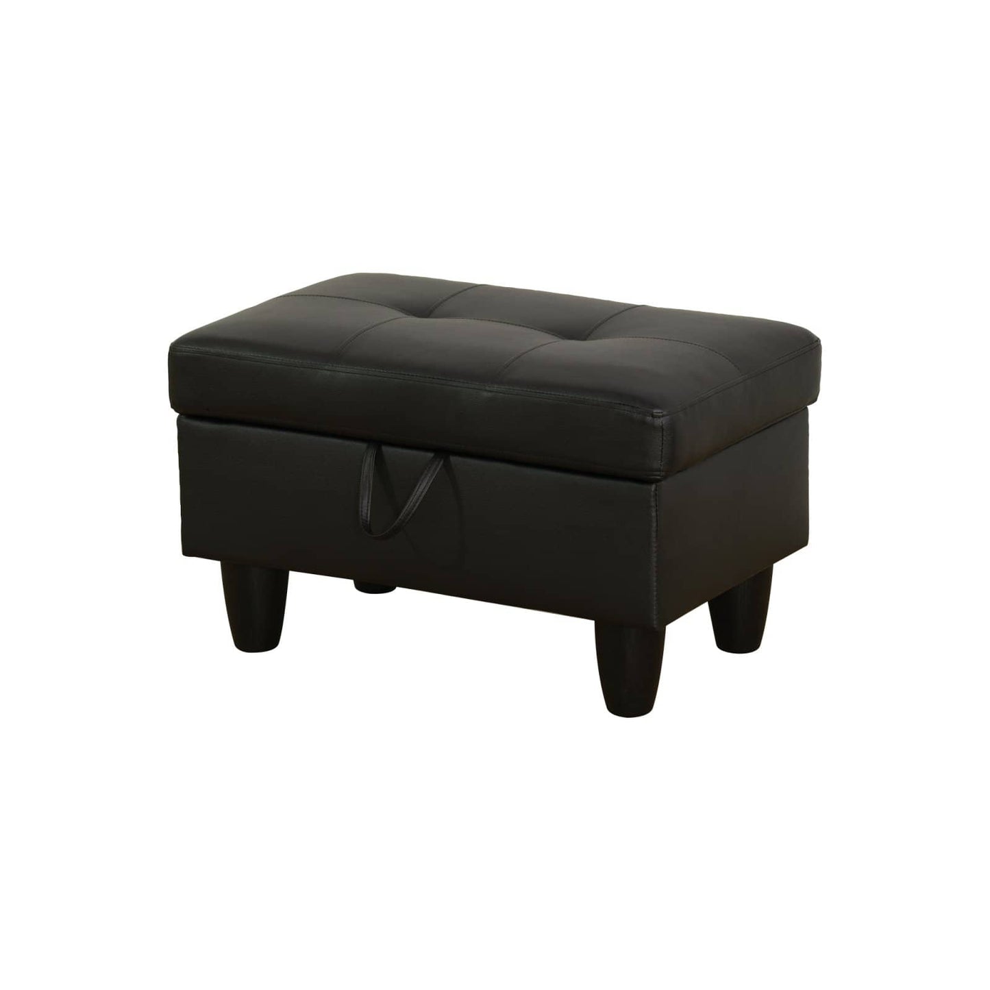 Black faux leather storage ottoman with tufted top and dark wood legs