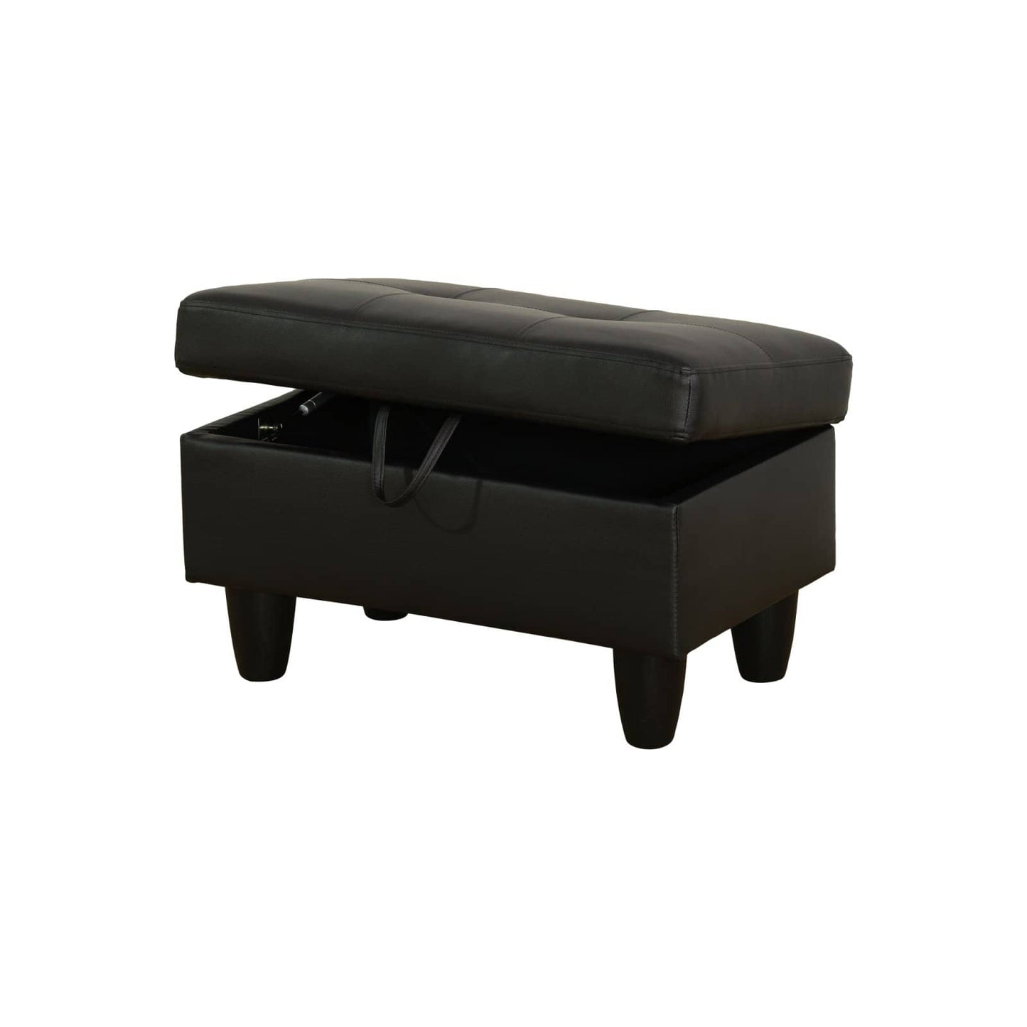 Black faux leather storage ottoman with tufted lid and open storage compartment
