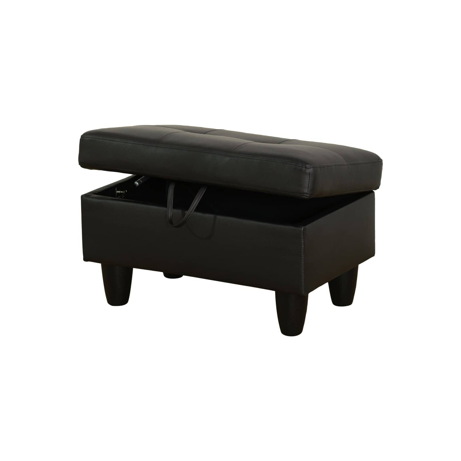 Black faux leather storage ottoman with tufted lid and open storage compartment