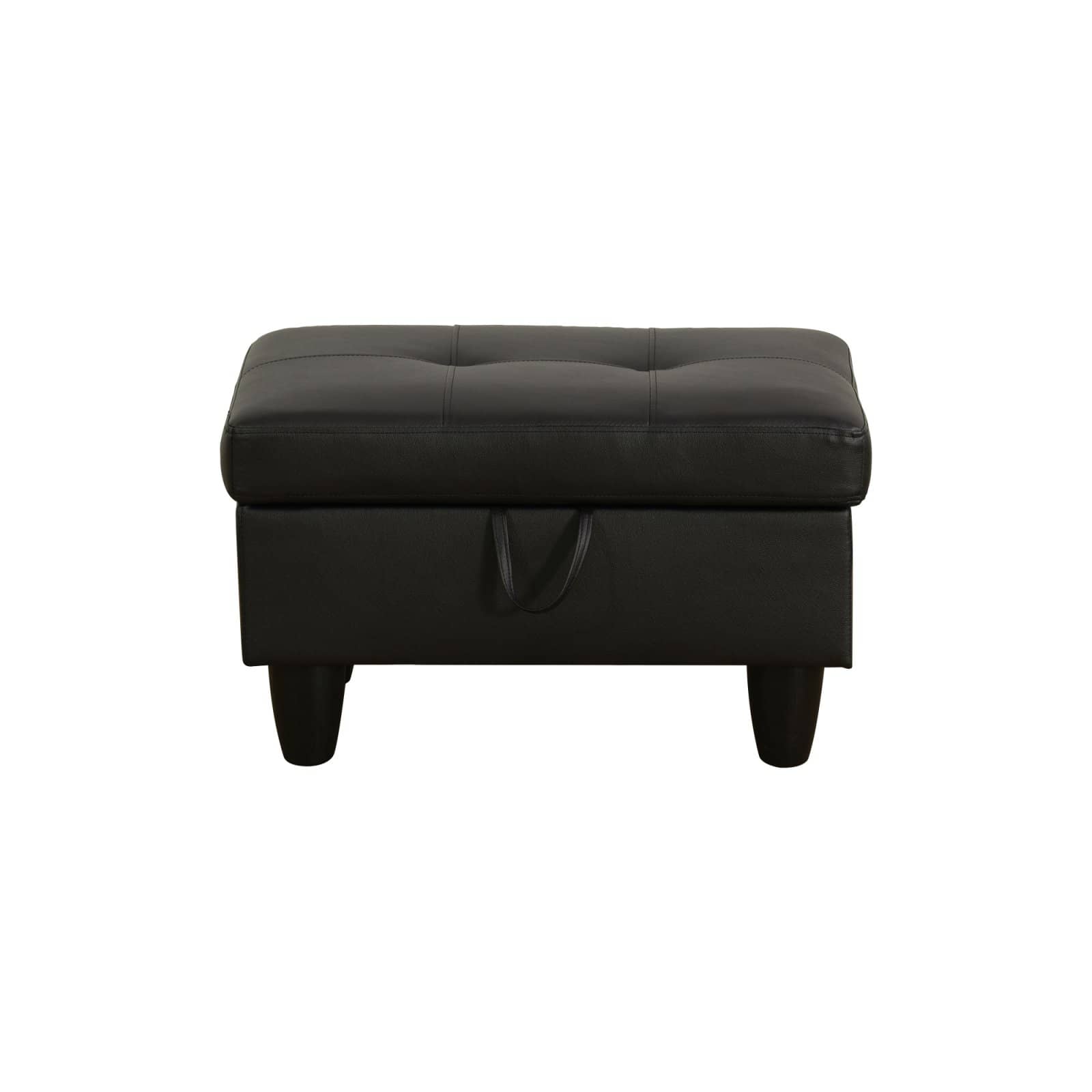 Black faux leather storage ottoman with tufted top and side handle